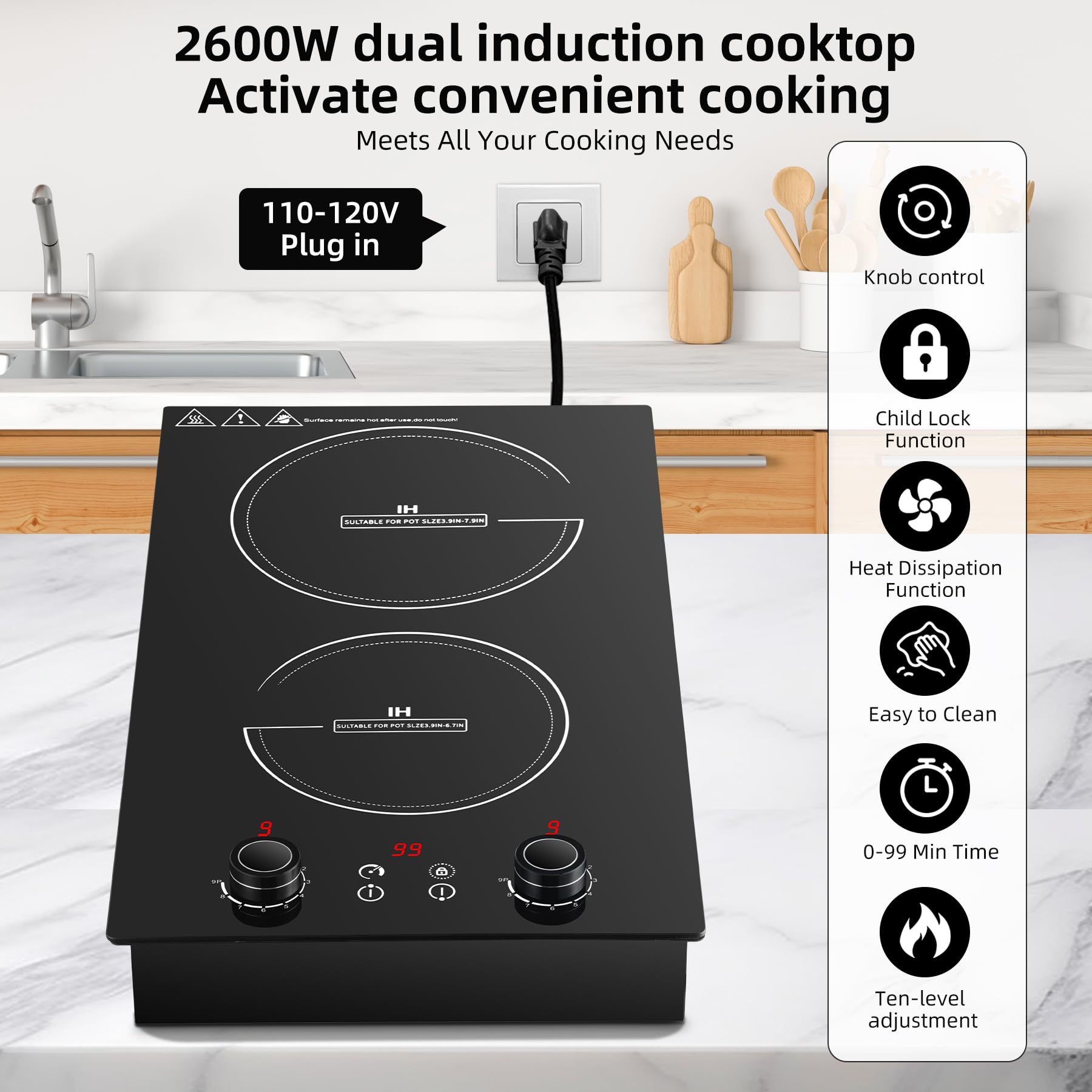 Wesonorous Double Induction Cooktop,110V 2600W 2 burner induction cooktop with hot plat with LED Touch Screen 10 Levels,Child Safety Lock & Timer view 2