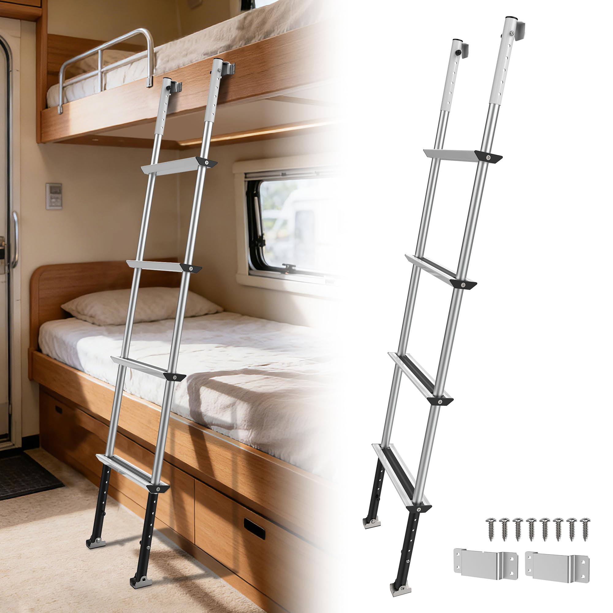 Marudina RV Bunk Ladder, 57-66 inch Adjustable, 4 Wider Anti-Slip Steps