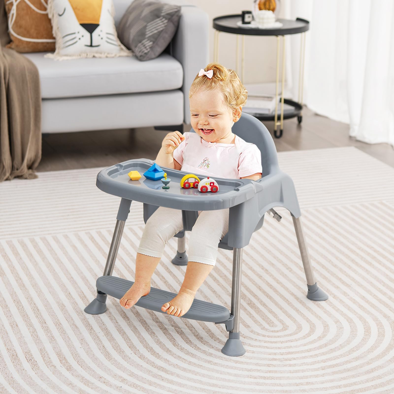 COSTWAY Trona 4 en 1 de polipropileno y acero inoxidable, convertible con bandeja doble extraíble, cinturón de seguridad de 3 puntos, silla para bebés de 6 a 36 meses (gris)