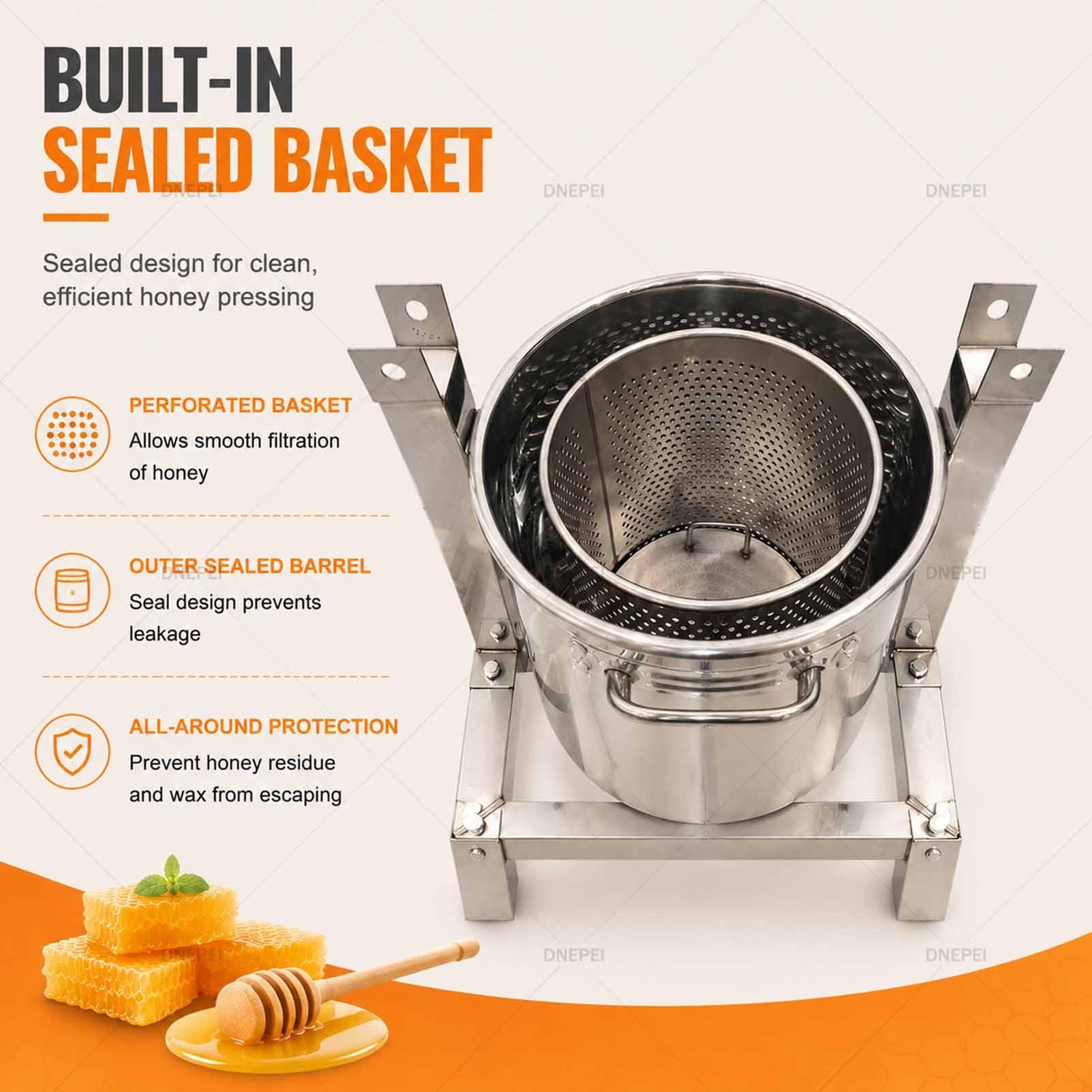 Extractor de Miel de Gran Capacidad (2,6 galones) – Fabricador de zumos Manual de Acero Inoxidable Apto para Uso alimentario con colador extraíble y Mango en Forma de T 201