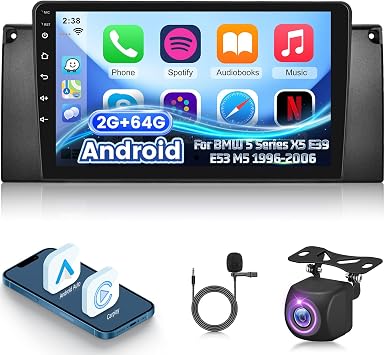 [2+64G] NHOPEEW Car Radio for BMW 5 Series X5 E39 E53 M5 1996-2006, 9 Inch Touchscreen Android Car Stereo with Wireless Carplay and Android Auto/DSP/WiFi/GPS/SWC/Bluetooth + AHD Backup Camera