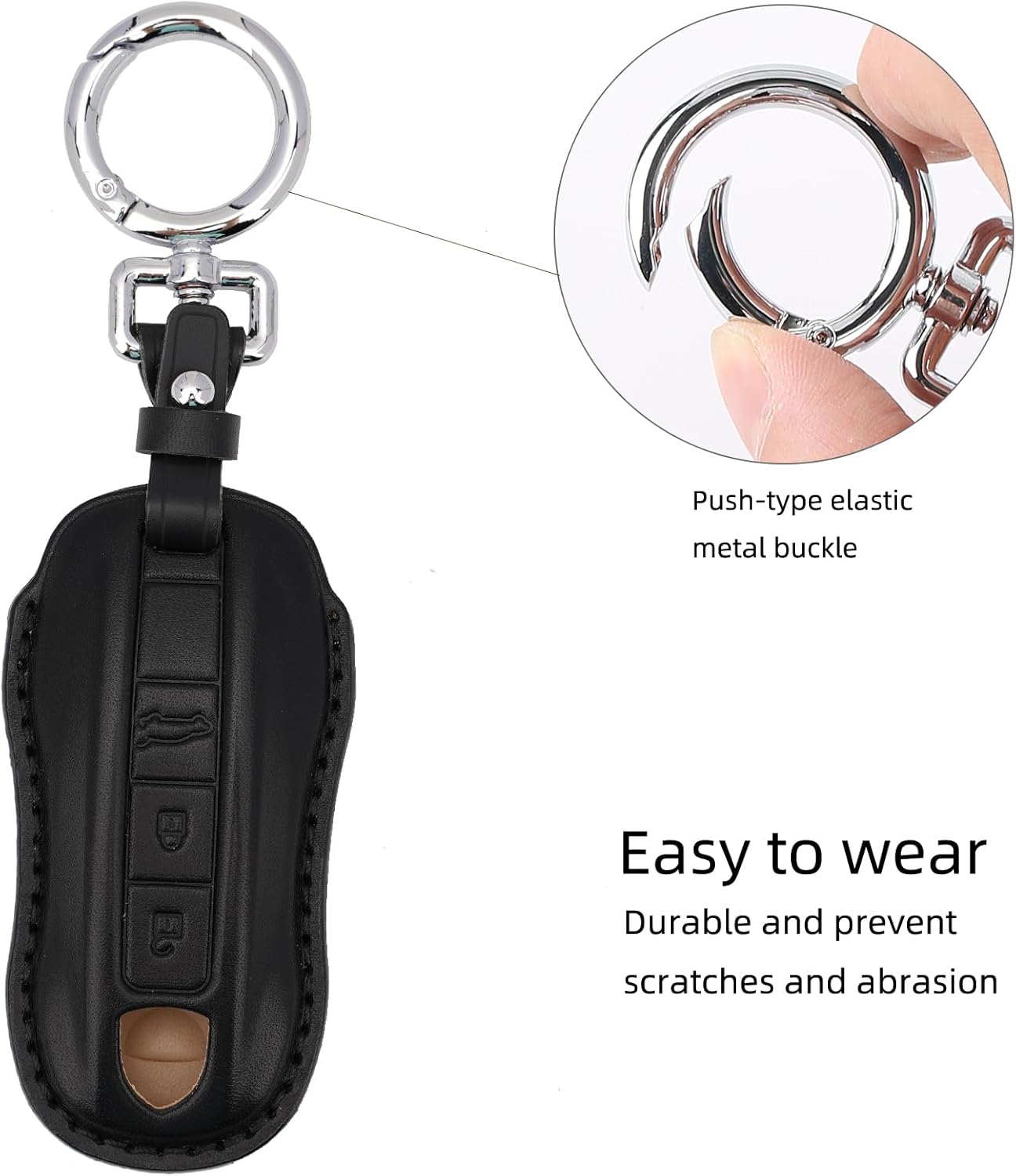 for Porsche Leather Key Fob Cover with Keychain Key Shell Compatible with 2020-2021 Porsche Cayenne, Macan Smart Key (Black) - Image 4