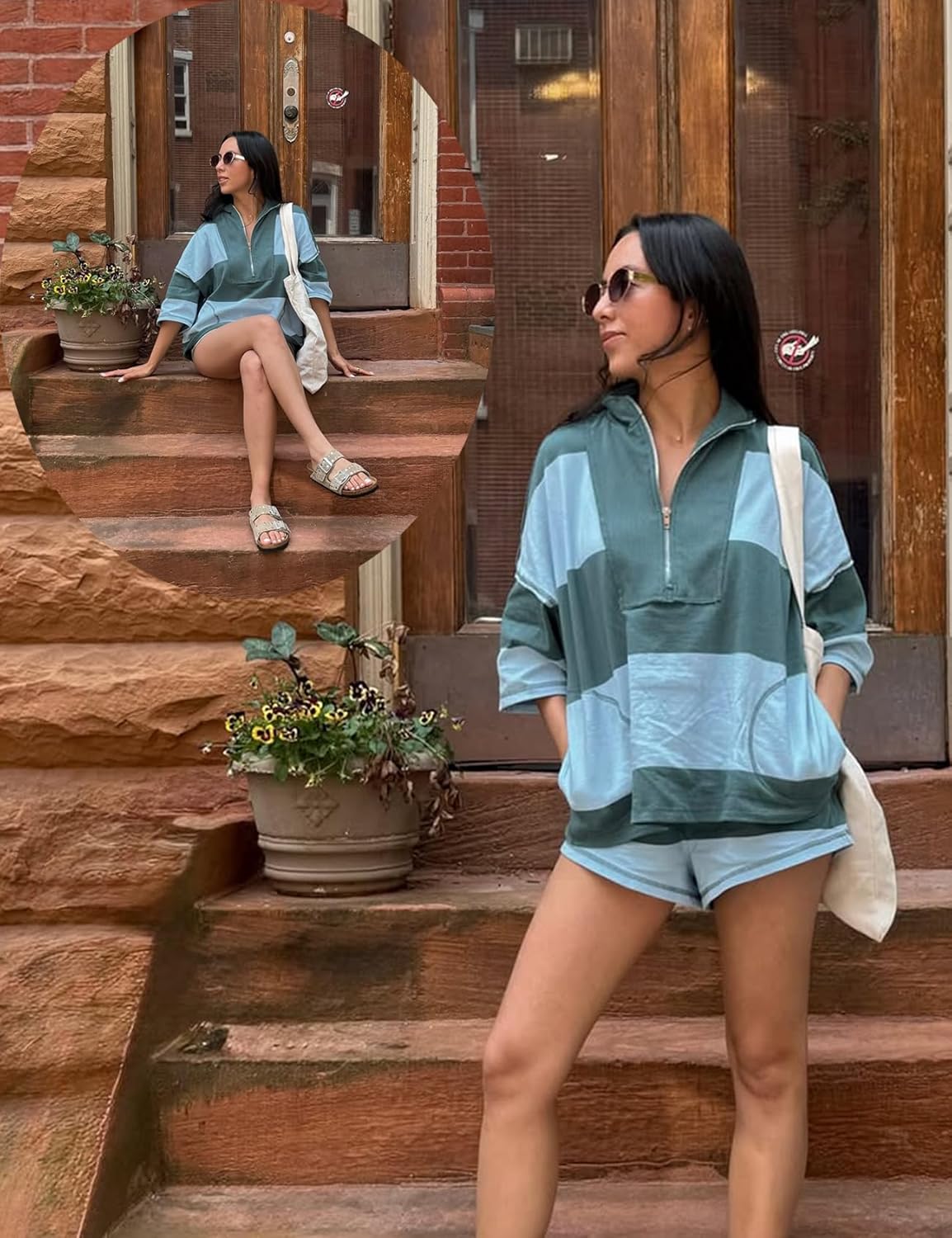 Women’s Striped 2 Piece Workout Set Casual Oversized Half Zip Top and Shorts Sets Retro Rugby Outfits with Pokcets - Image 6