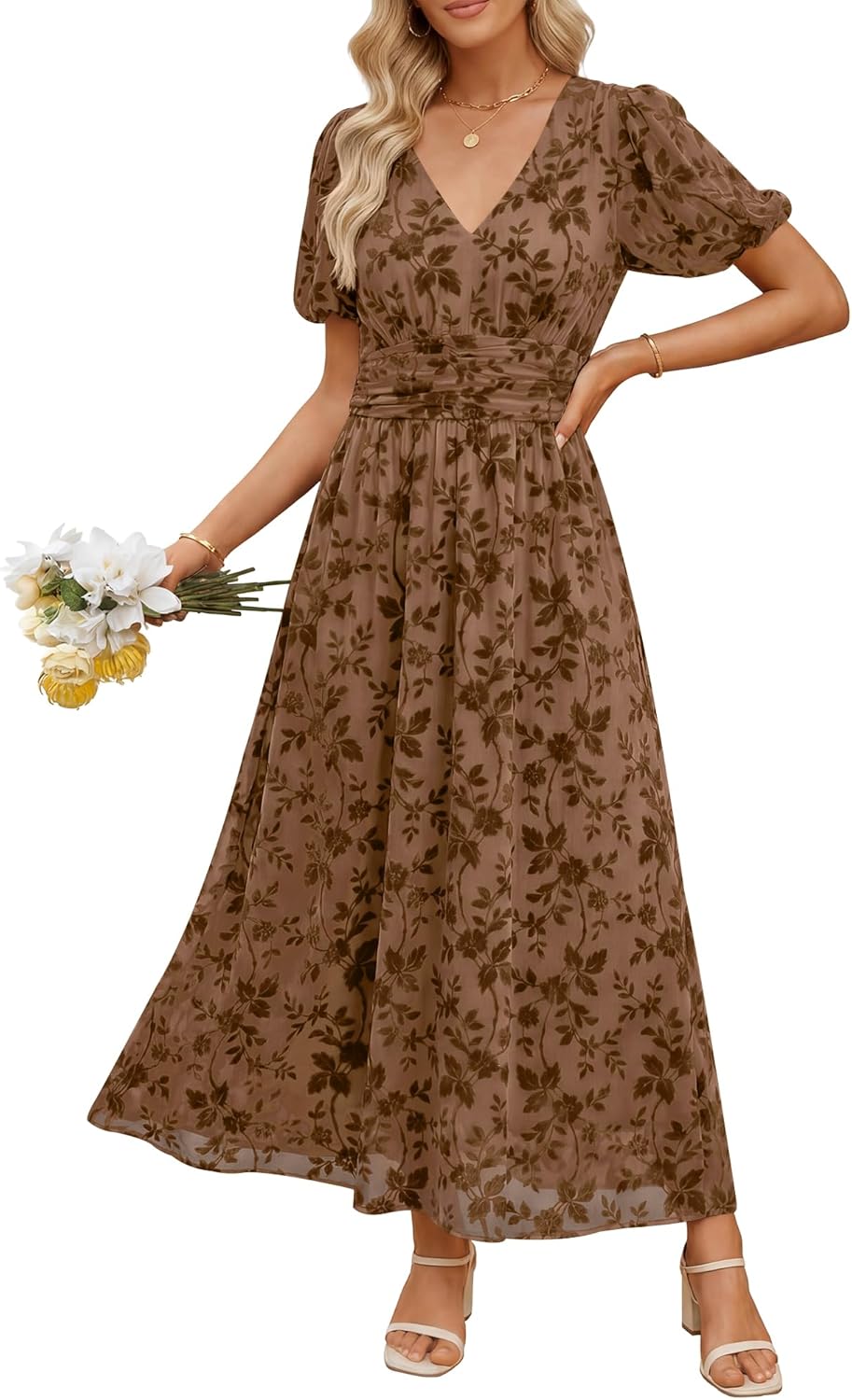 ANRABESS Women’s Floral Maxi Formal Dress Summer Mesh Short Sleeve V Neck Empire Waist Wedding Guest Party Dresses