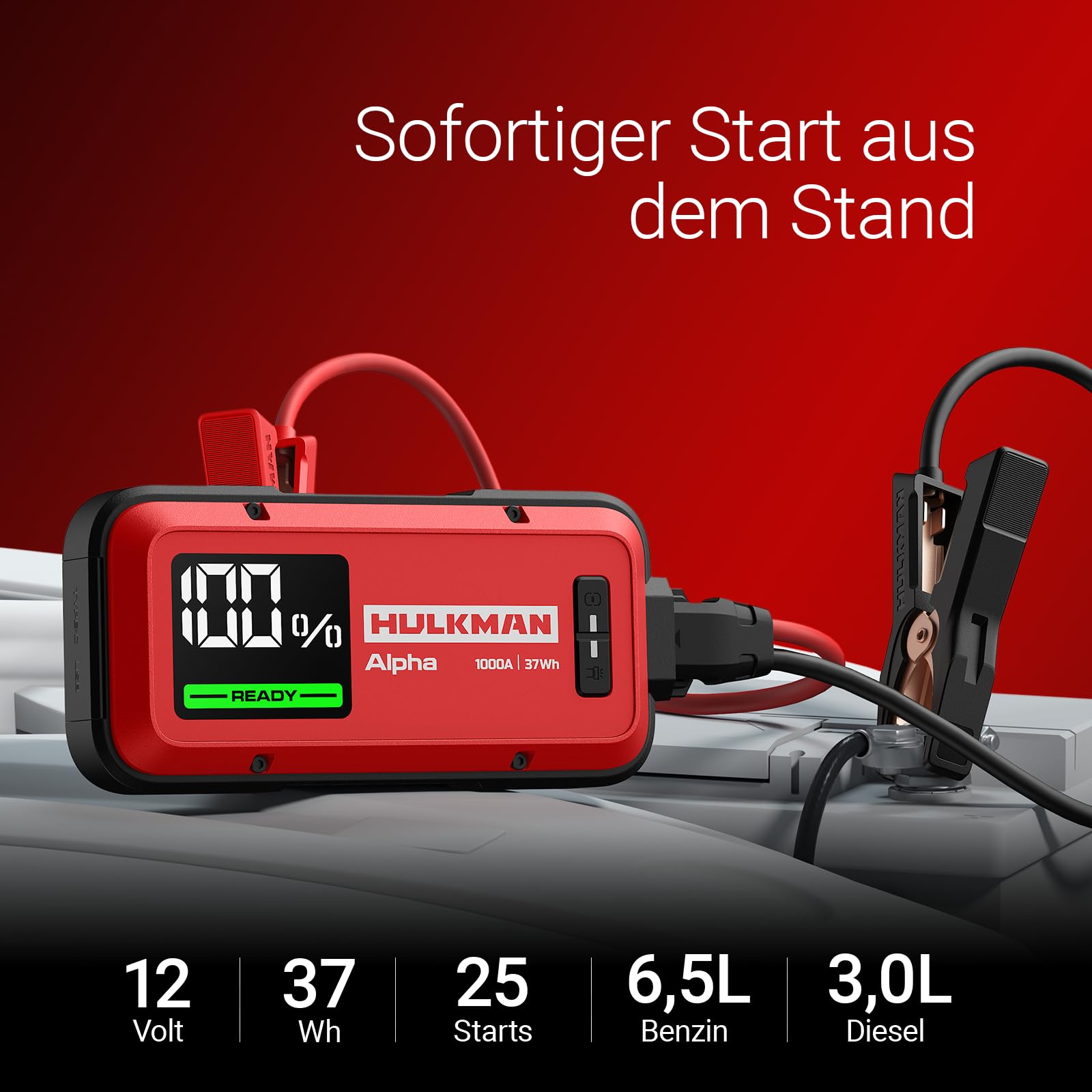 HULKMAN Alpha Ultra Red Starthilfe 1000A 37Wh,Leicht und Stilvoll,12V Starthilfe-Box mit Kabeln,Vollständige Aufladung in 45 Min, 24 Monate Standby,IP65,LED-Anzeige,für 6.5L Benzin/3.0L Diesel Motoren