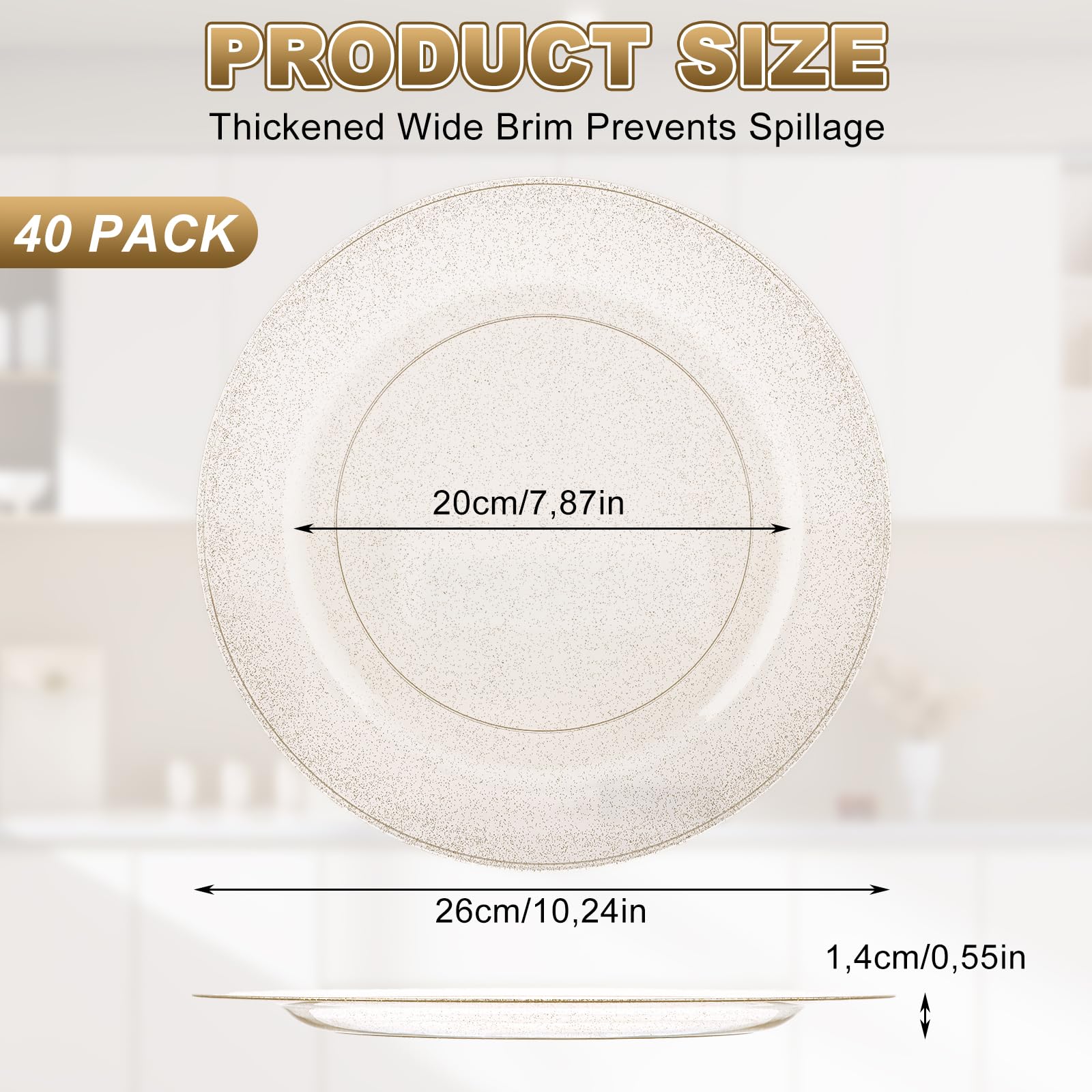 AKOLAFE 40 sztuk przezroczystych talerzy plastikowych, złote, 26 cm, wielokrotnego użytku, talerze z tworzywa sztucznego, 30 cm, stabilne plastikowe talerze wielokrotnego użytku, na wesela, imprezy