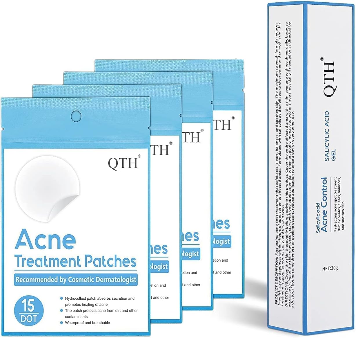 QTH Salicylic Acid acne gel and (4packs of 15 patches) acne pimple patches, Acne Spot Treatment Rapid Relief Redness and Blemish for Face
