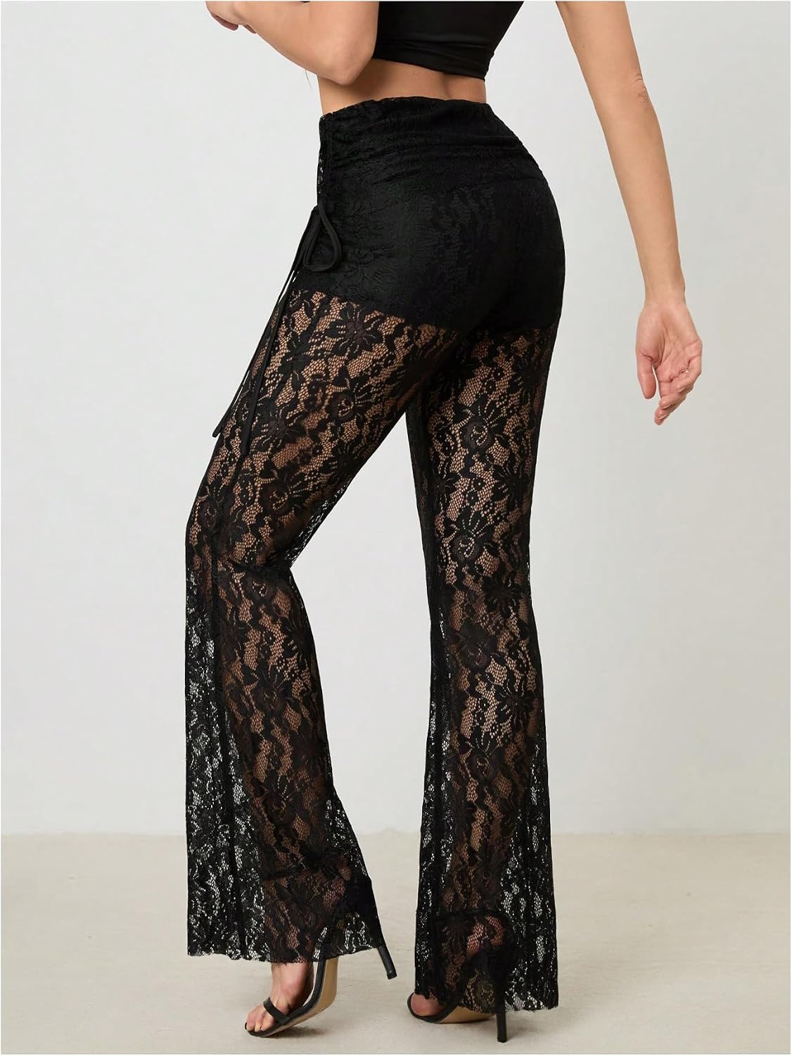 OYOANGLE Women's Drawstring Side Lace Sheer Flare Pants Y2K Gothic See Through Mesh Bell Bottom Pants Clubwear