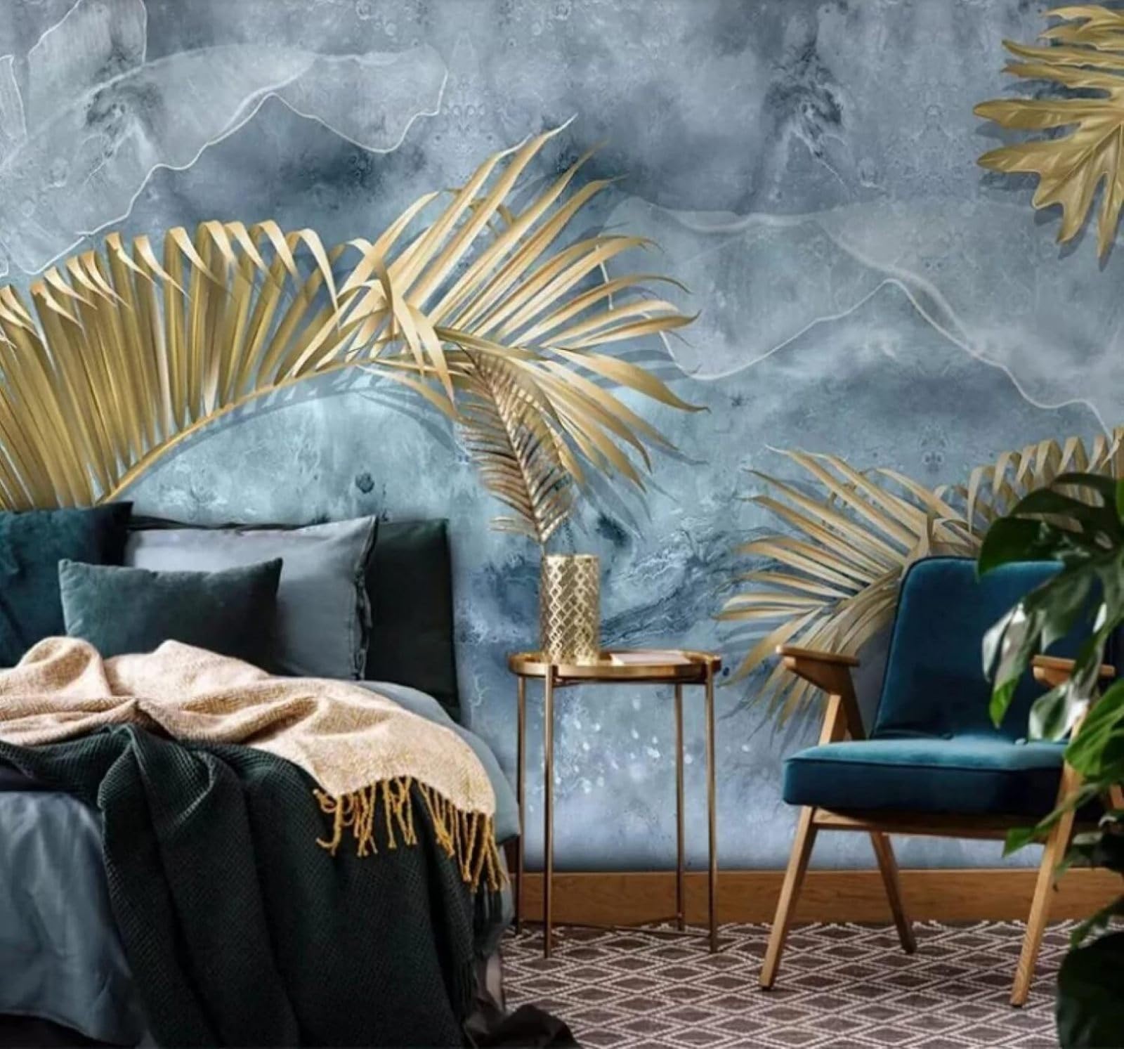XLMING Abstract Blue Ink Wash Gold Leaves 3D Wallpaper Luxury Silk Study Dining Feature Sofa Grey Bedroom Living Room Tv Decorative Wall-150cm×105cm