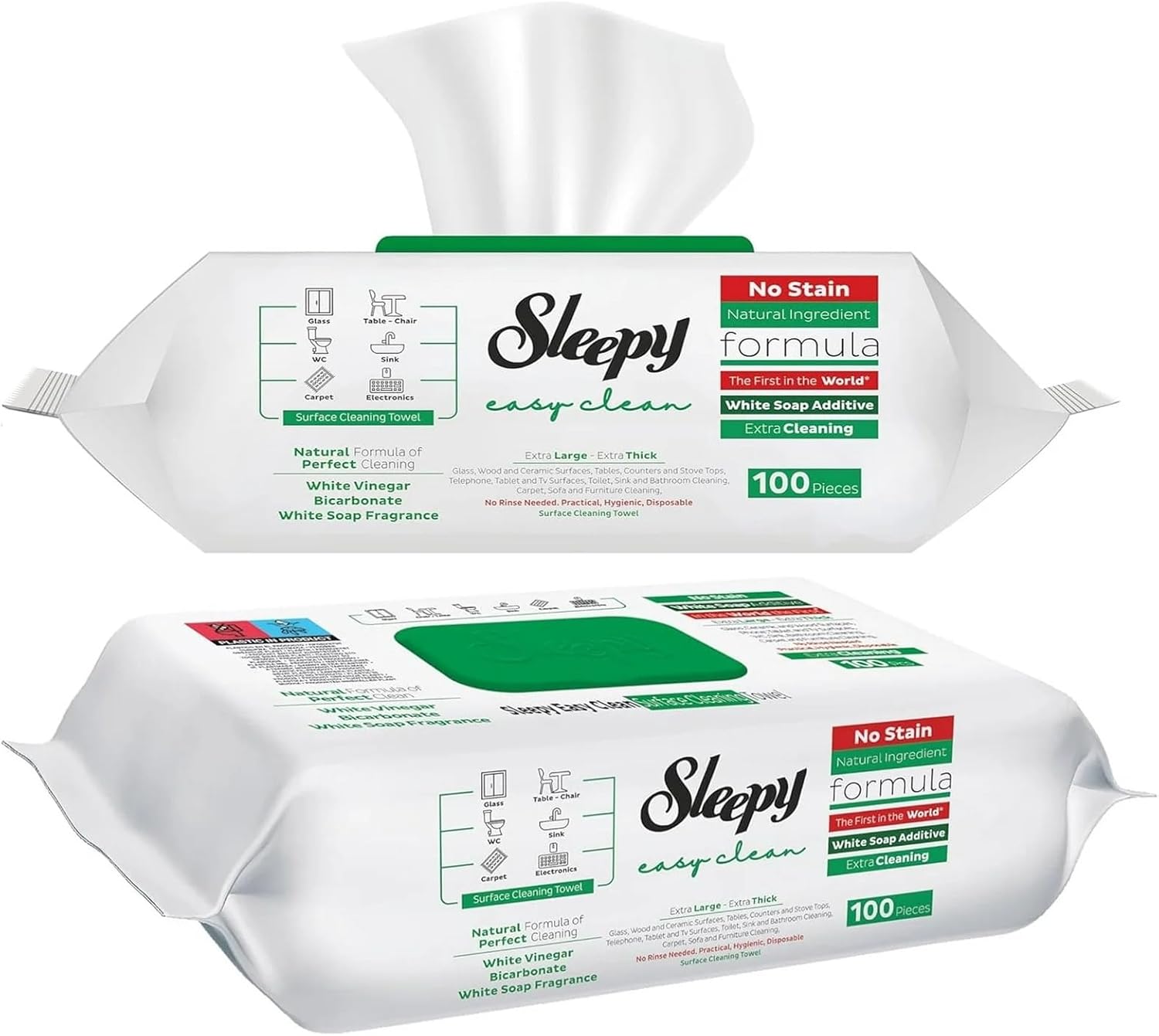 Sleepy Pack of 2, 3 and 6, Easy Clean All Purpose Cleaning Wipes, White Vinegar and Baking Soda Formula, Chemical-Free, 100 Count (PACK OF 2)