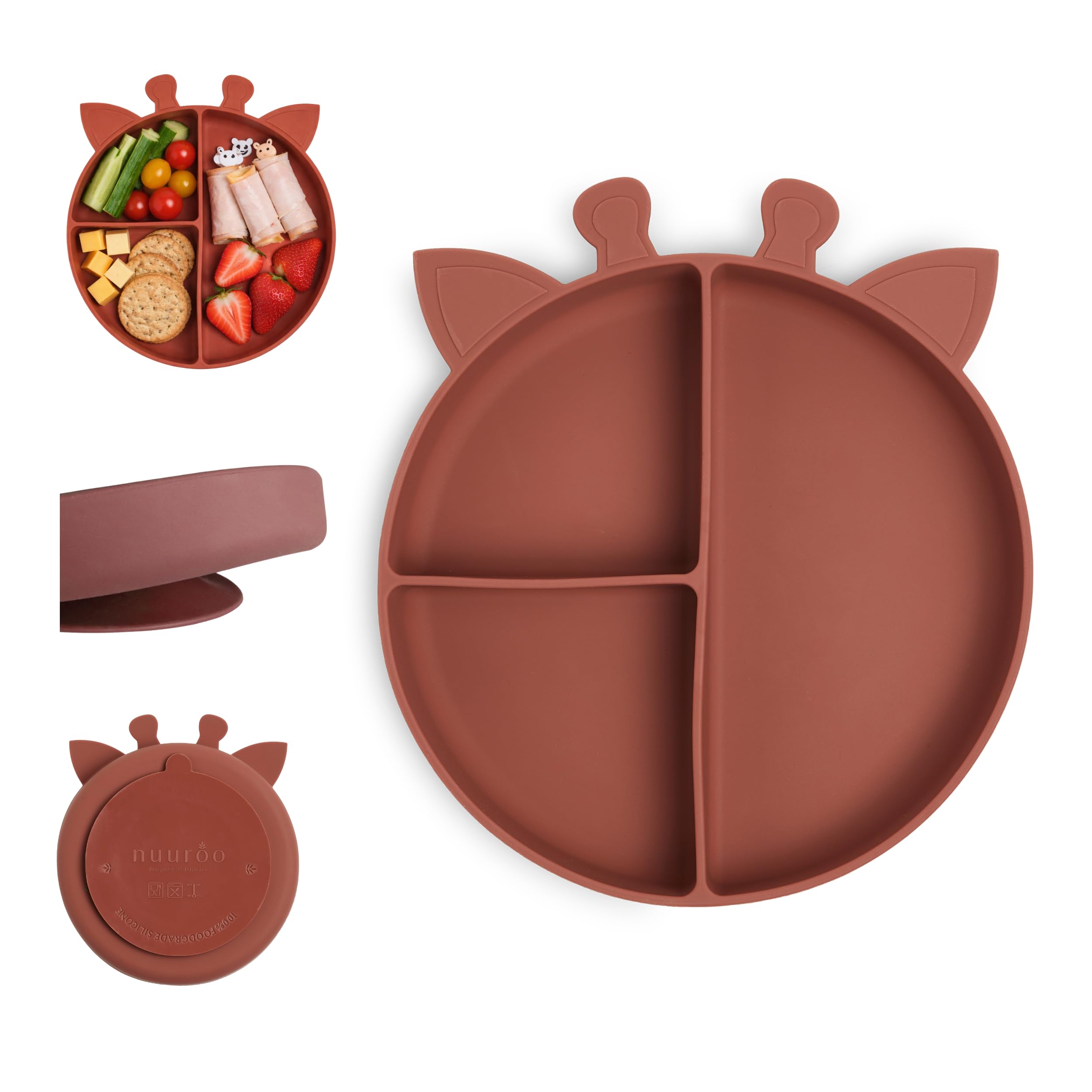 NUUROO Baby Silicone Suction Plate | Non-Slip Divided Plate for Babies & Toddlers | Food Grade Silicone | Dishwasher & Microwave Safe | Desinged in Denmark (Mahogany - Giraffe)