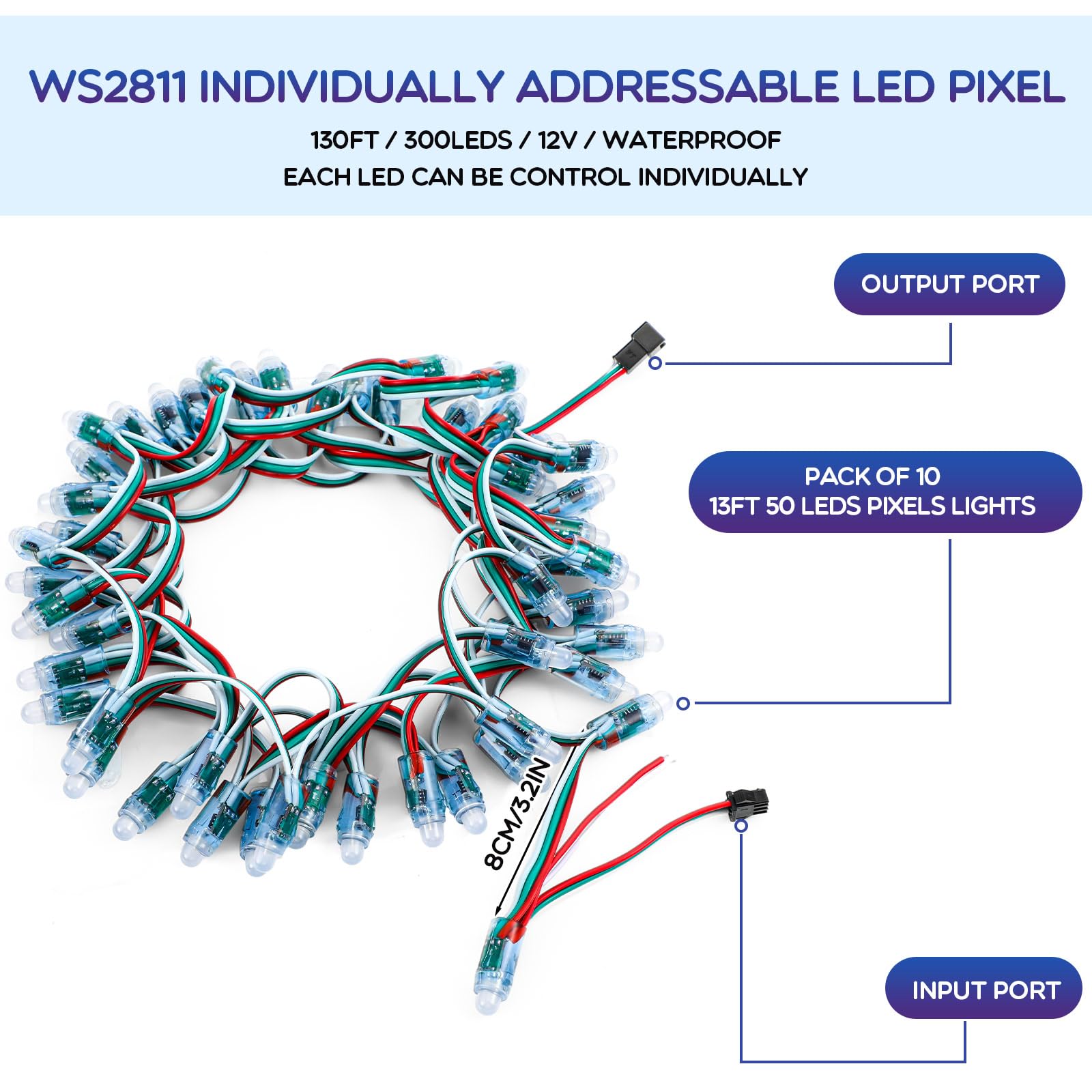 Xuhal 300 Stück DC 12 V Ws2811 Pixel-Lichterkette, 12 mm, diffuse, digitale RGB-LED-Lichter, wasserdicht, adressierbar, LED-RGB-Außenleuchte für Bildschirm, Wand, Weihnachten, Werbetafel
