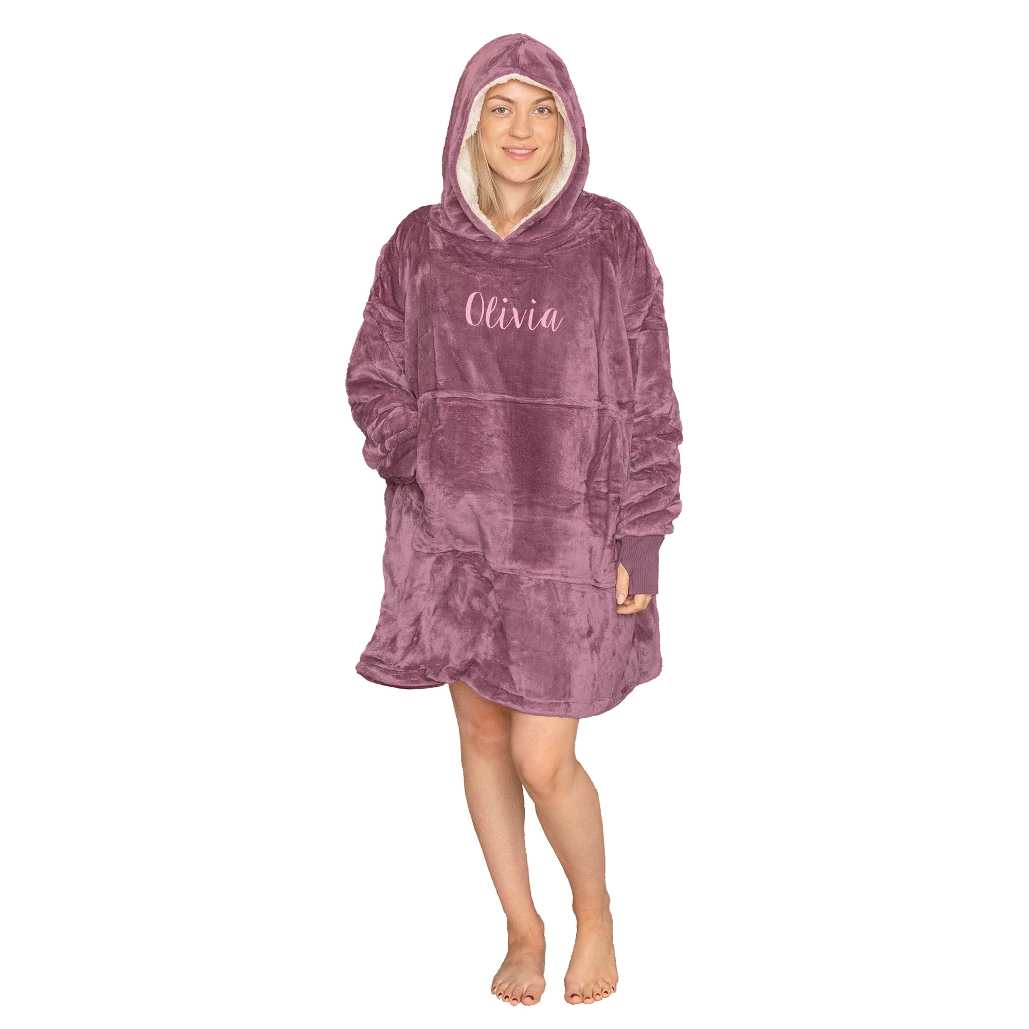 aztex Personalised Oversized Sherpa Hoodie, One Size, Wearable Blanket, Lavender