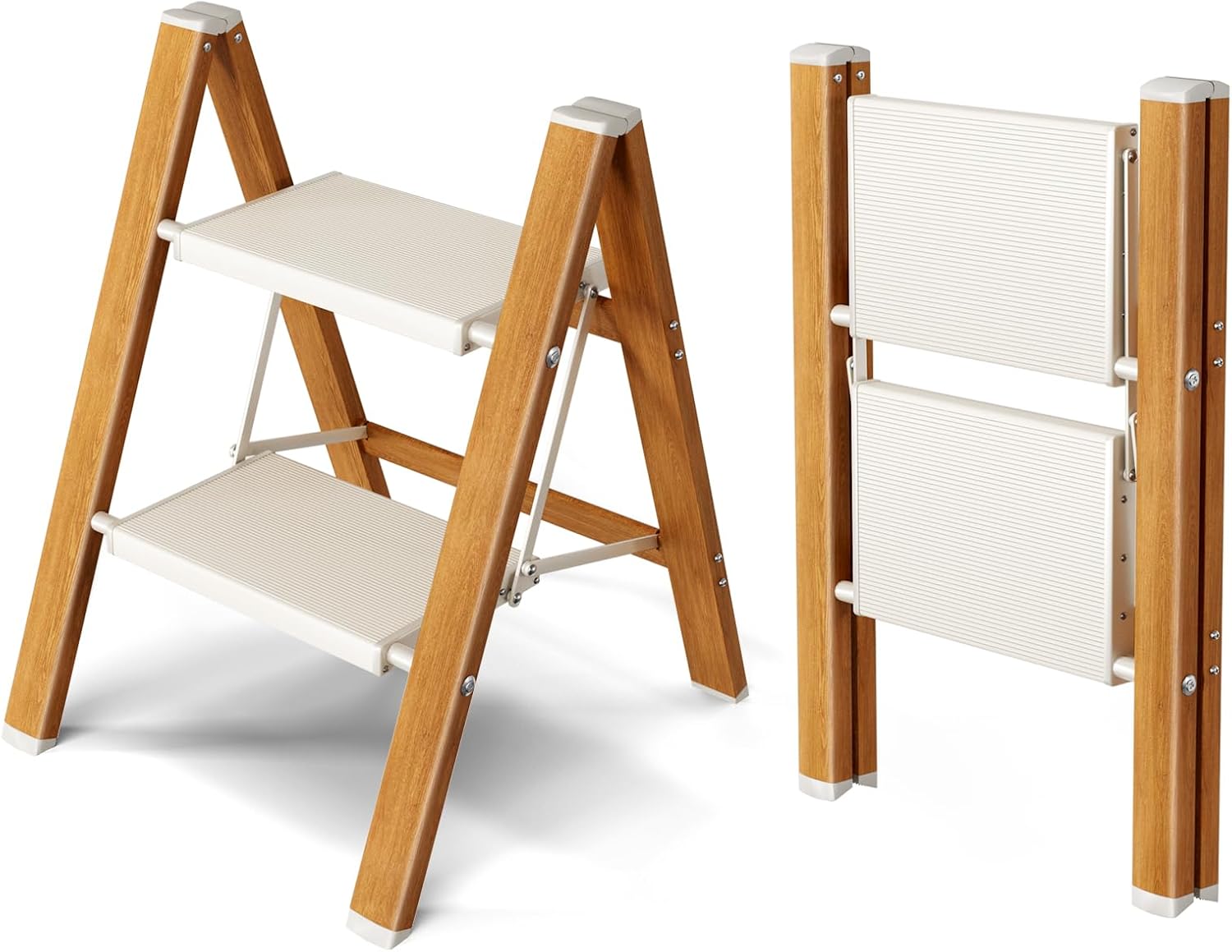 Taranta 2 Step Ladder,Aluminum Lightweight Folding 2 Step Stool with Anti-Slip Wide Pedal, 330lbs Capacity Step Ladder for Household,Kitchen,Office - White Woodgrain