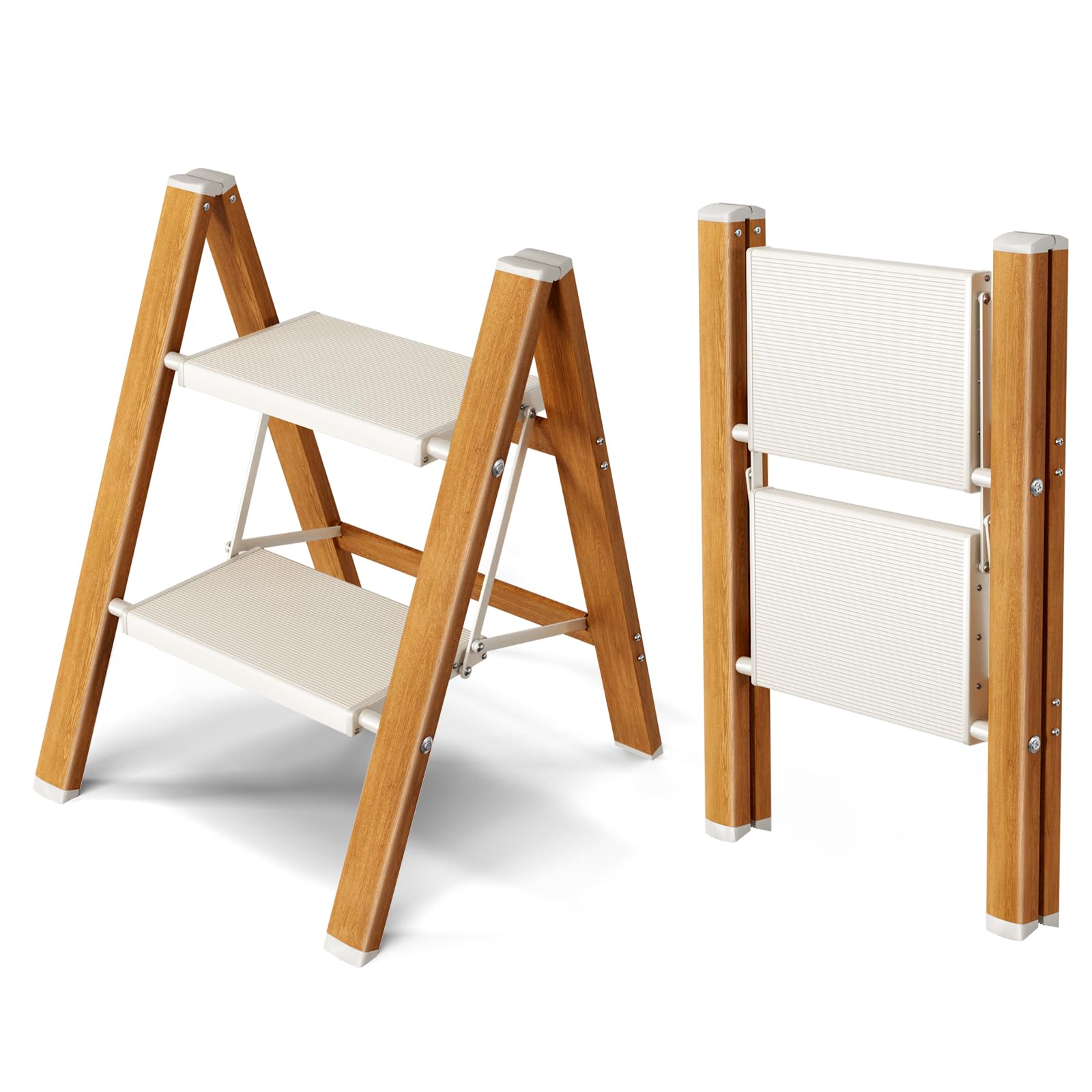 Taranta 2 Step Ladder,Aluminum Lightweight Folding 2 Step Stool with Anti-Slip Wide Pedal, 330lbs Capacity Step Ladder for Household,Kitchen,Office - White Woodgrain