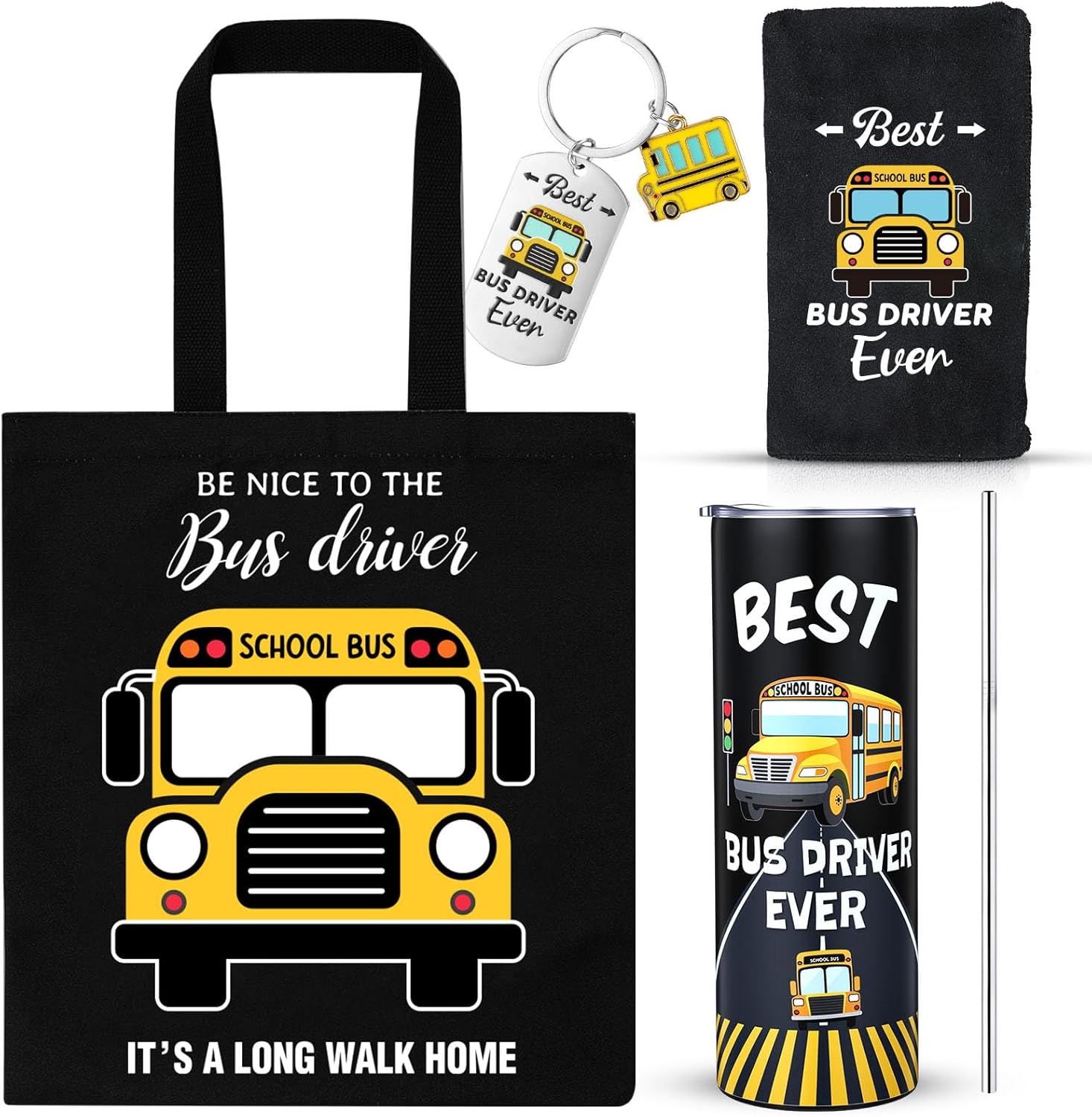 Patelai 4 Pcs School Bus Driver Gifts Appreciation Gifts for Women Men 20 oz Stainless Steel Bus Driver Tumbler and Lids Funny Canvas Bag Keychain Towel for End of Year Retirement (Black)