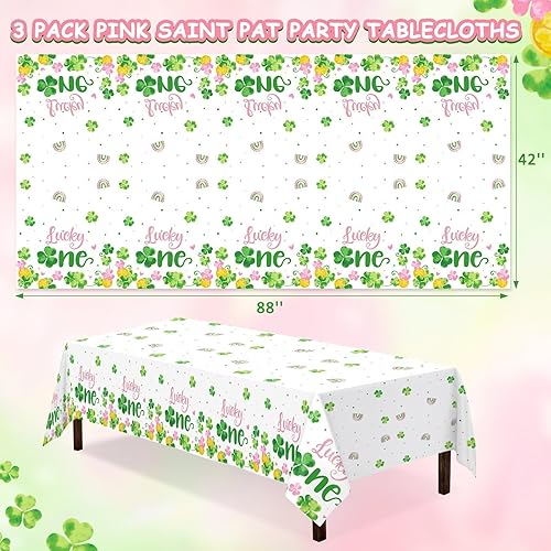 Miniatura 2 de Juego de 3 manteles para mesa del Día de San Patricio, color rosa, impermeable, trébol, para fiesta de primer cumpleaños, decoración de primer
