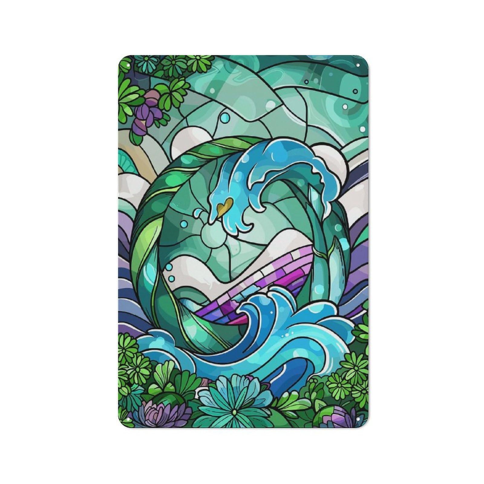 Junmoney Style-16 For Café Or Restaurant, Stained Glass Wave And Floral Design Retro Metal Sign 30X20cm, Gift For Café Owners And Decorators During The Christmas Season