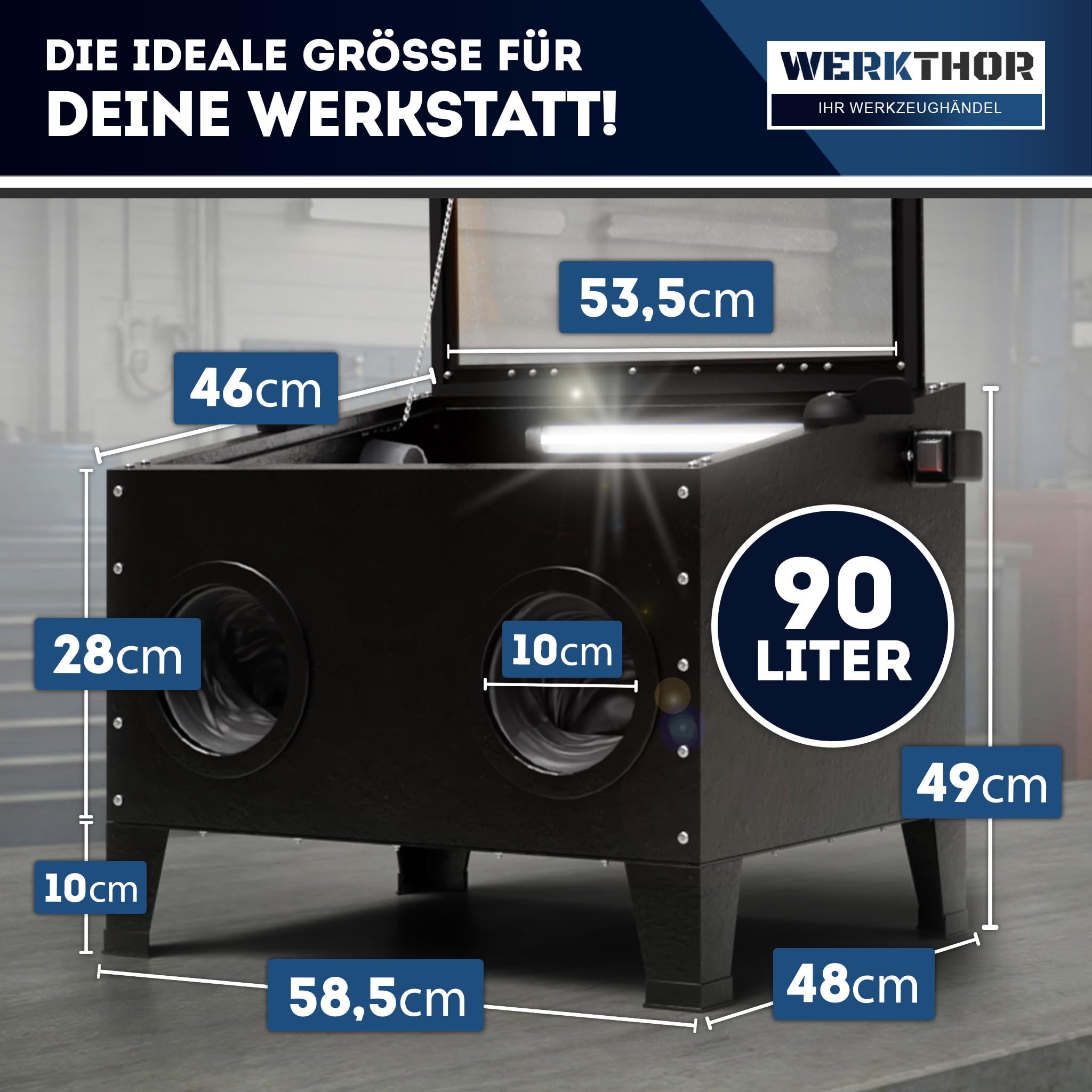 Werkthor Sandstrahlkabine 90 Liter - Sandstrahlgerät für Holz & Metall mit Strahlpistole & 4 Keramikdüsen - Sandstrahler zur Aufbereitung - 25 Gallonen