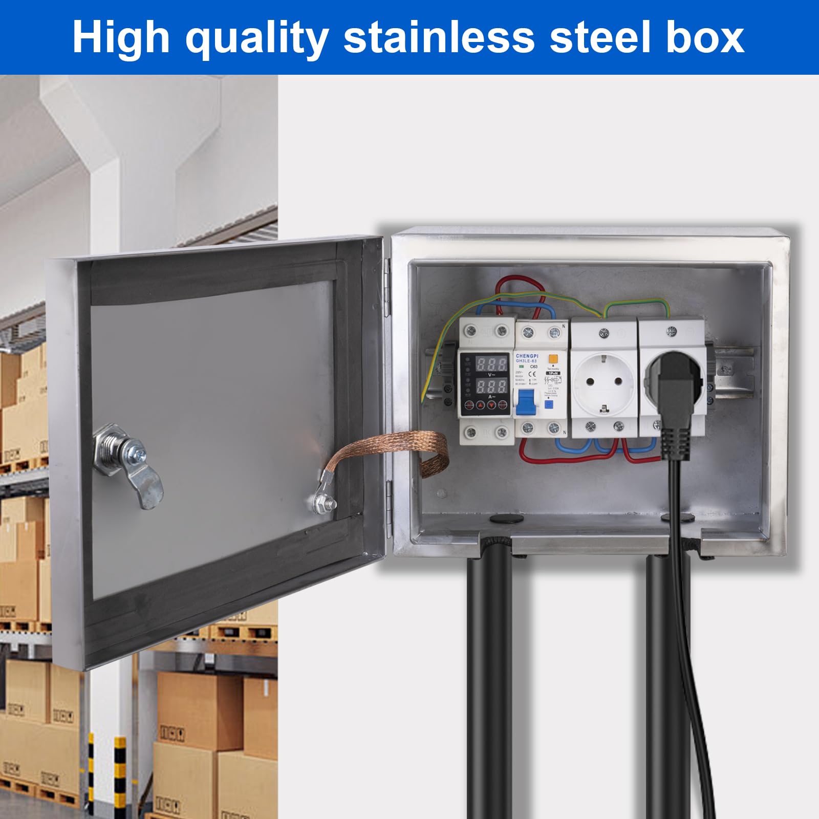 Armadio in acciaio inox 304 con micrometro monofase, scatola di distribuzione con 1 interruttore di dispersione 2P 32A, presa 250 V/16 A e protezione da sovratensione, alloggiamento montato a