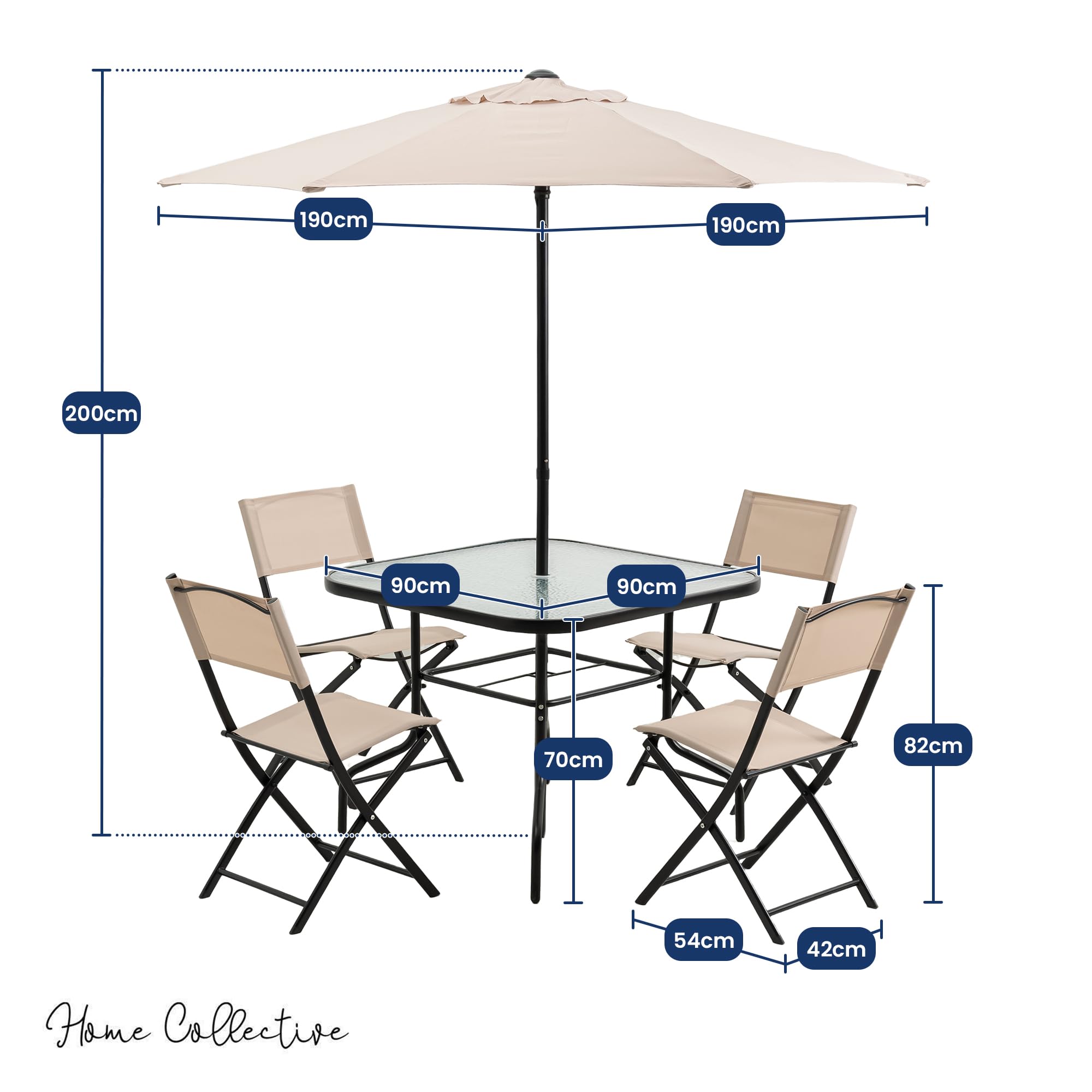 Home Collective Juego de muebles de jardín para balcón, juego de comedor al aire libre, muebles de terraza, 6 piezas, 4 sillas plegables, 1 mesa de cristal, 1 sombrilla, resistente a la intemperie