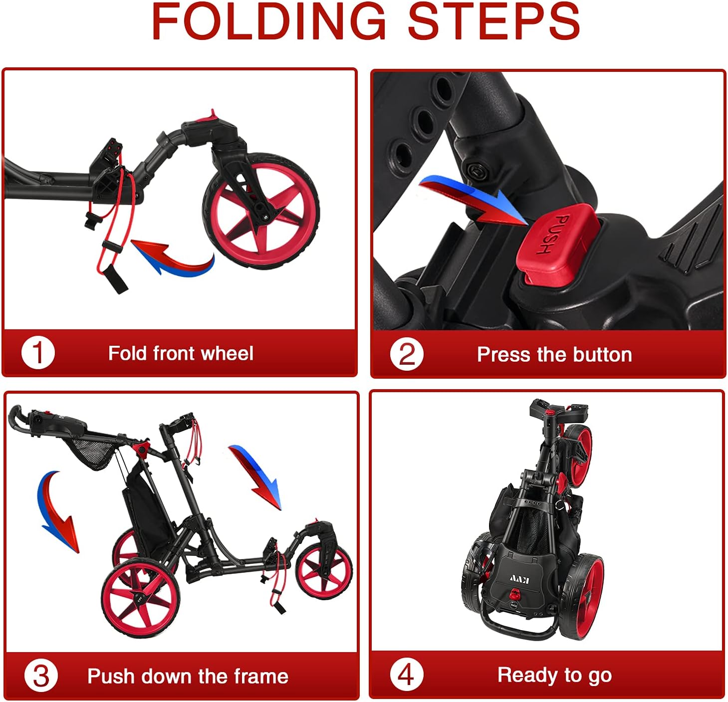 KVV 3 Wheel 360 Rotating Front Wheel Golf Push Cart Open and Close in ONE Second-Free Umbrella Holder Included - Image 6