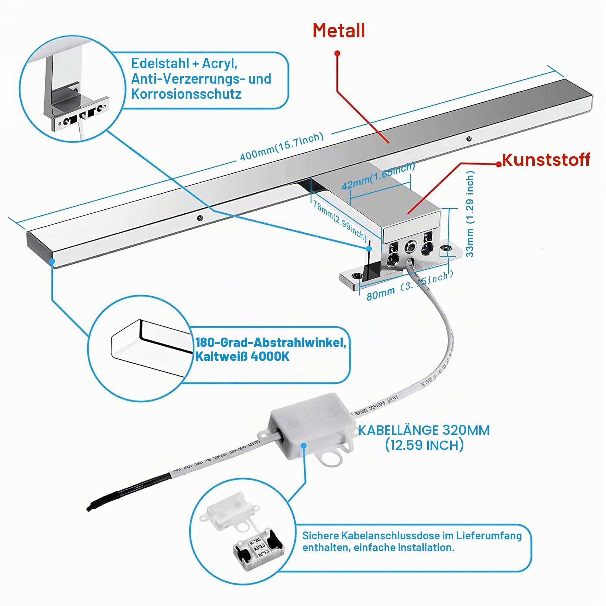 LED Spiegelleuchte Badezimmer 10W 820LM 40cm Neutralweiß 4000K,3in1 Montage 230V Wandleuchte Spiegellampe 400mm,Kein Flimmern Badezimmerschrank Spiegelleuchten