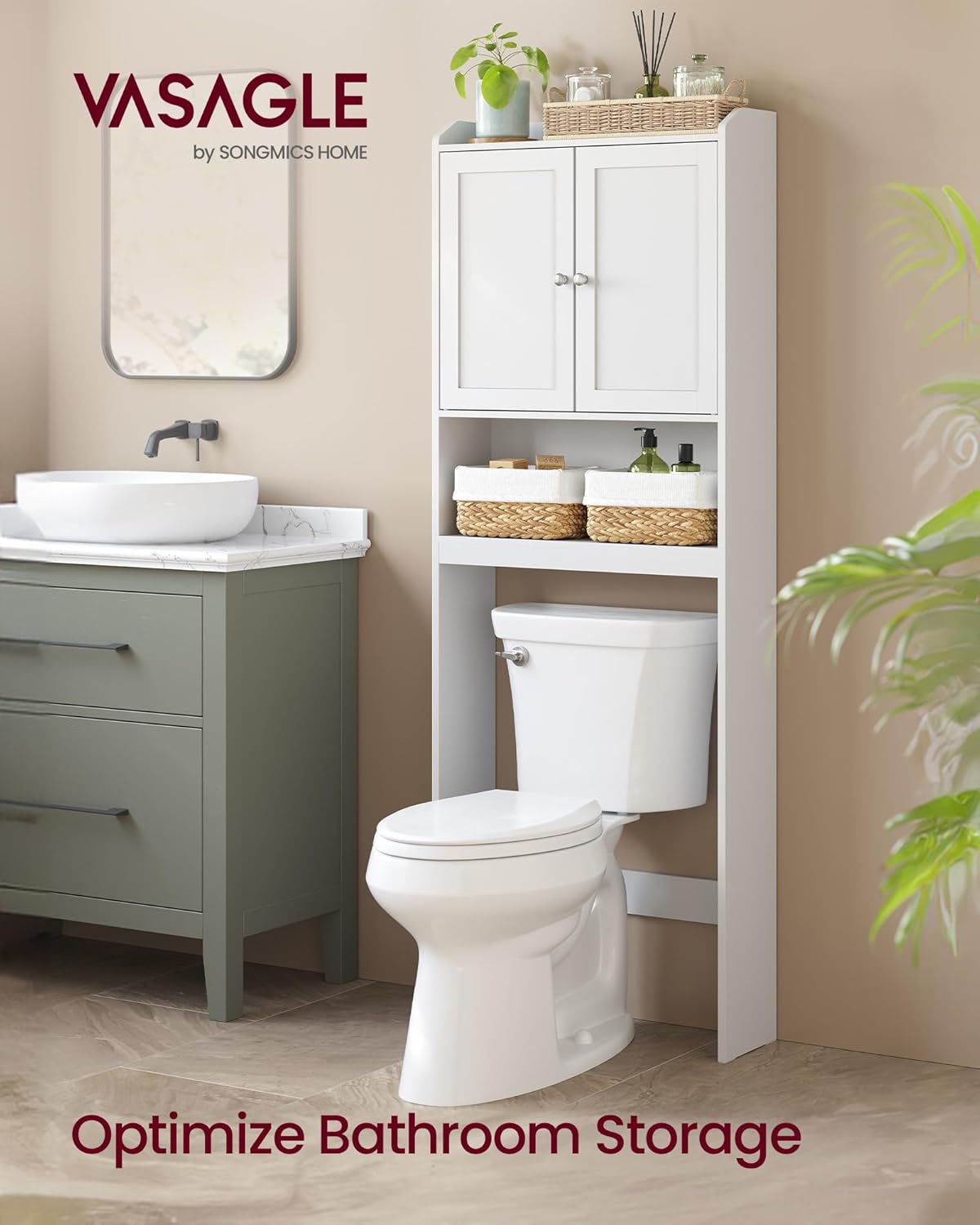 VASAGLE Over the Toilet Storage Cabinet, Bathroom Storage Cabinet with Doors, Adjustable Shelves, Space-Saving, Modern, 7.9 x 24.6 x 70 Inches, Cloud White UBTS008WH01S