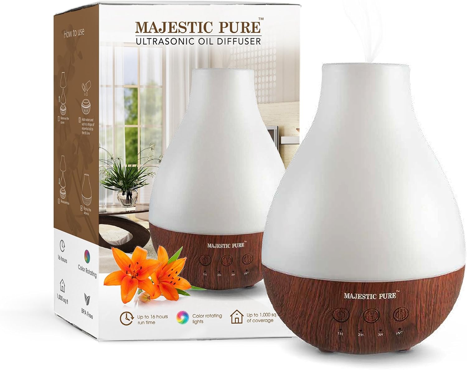 MAJESTIC PURE Essential Oil Diffuser - Advanced Aroma Diffuser with Strong Mist Output - Best Ultrasonic, Wider Area, Cool Mist Humidifier, Longer Run Times, BPA Safe and Automatic Safety Features