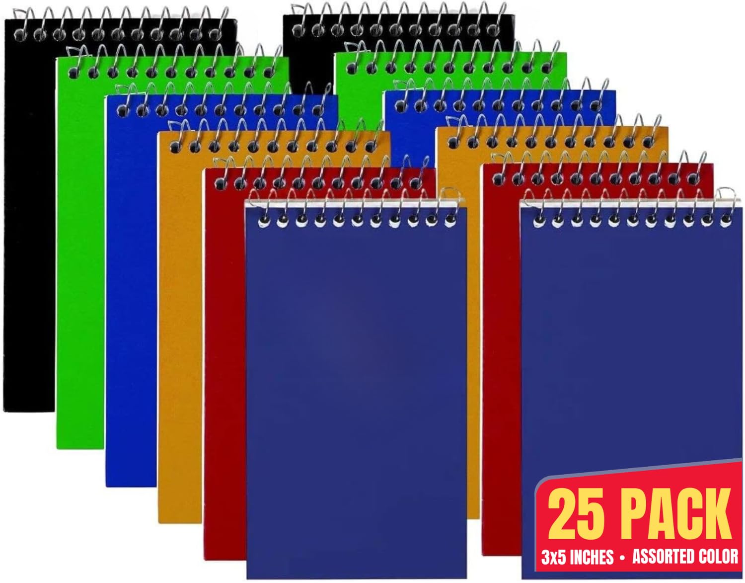 1InTheOffice Wirebound Spiral Memo Books, Memo Pads, 3" x 5", College Ruled, Small Notepad 3x5, Assorted, 75 Sheets/Pad, 25 Pads/Pack