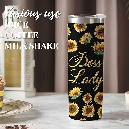 Miniatura 4 de Regalos para mujer jefa, regalos de girasol para jefa, vasos aislados de acero inoxidable con tapas y pajitas de 20 onzas, divertida idea de regalo