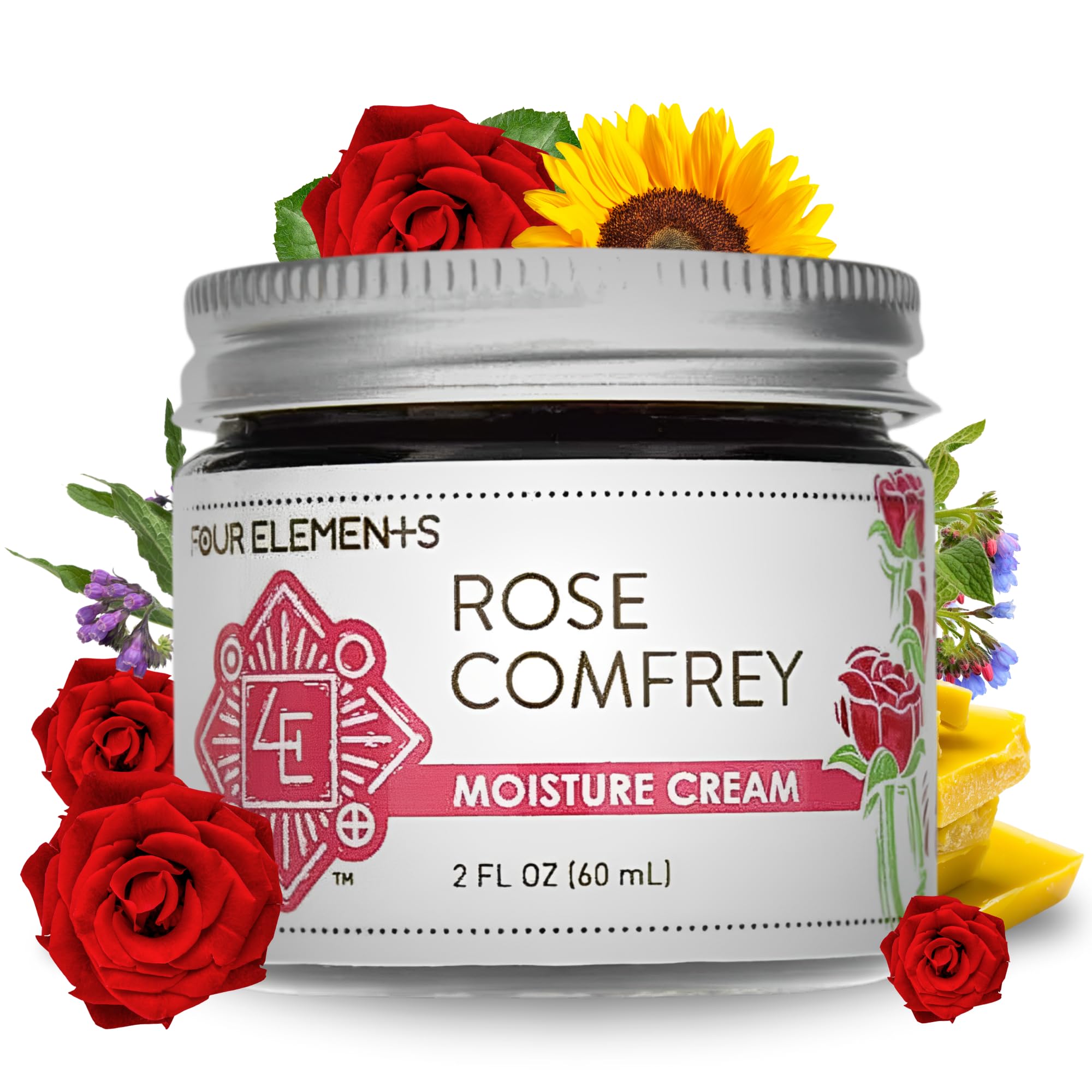 Four Elements 4E Rose Comfrey Moisture Cream, a Natural Non-Greasy Organic Cream that help Soothe and Calm your Skin, 2 OZ