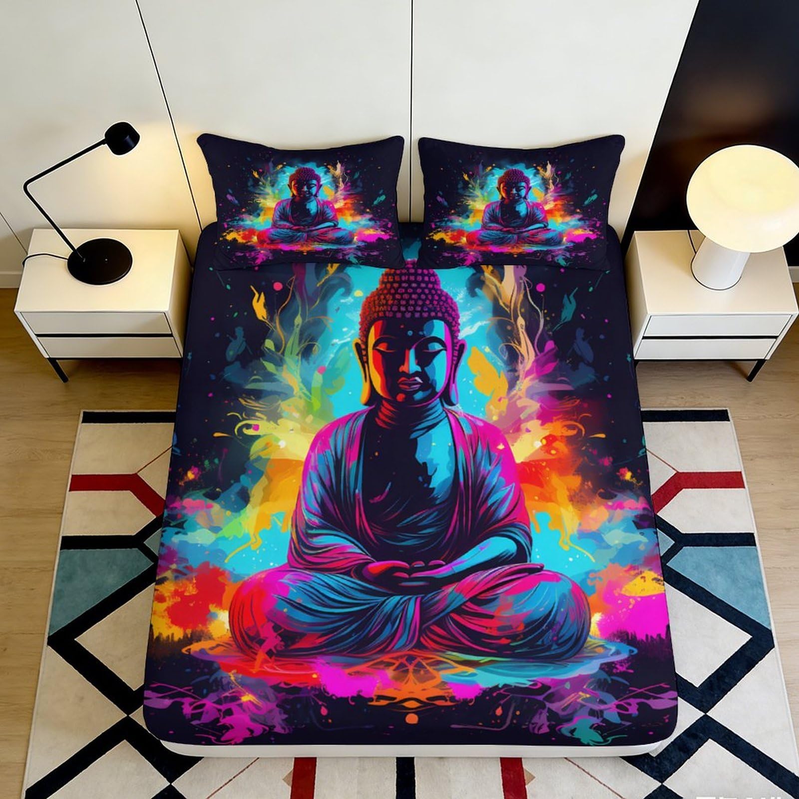 3D Printed Colorful Buddha Fitted Sheet Microfiber Vibrant Abstract Mattress Cover Bedroom Dormitory Guest Room Protection Decor 120x200x25cm