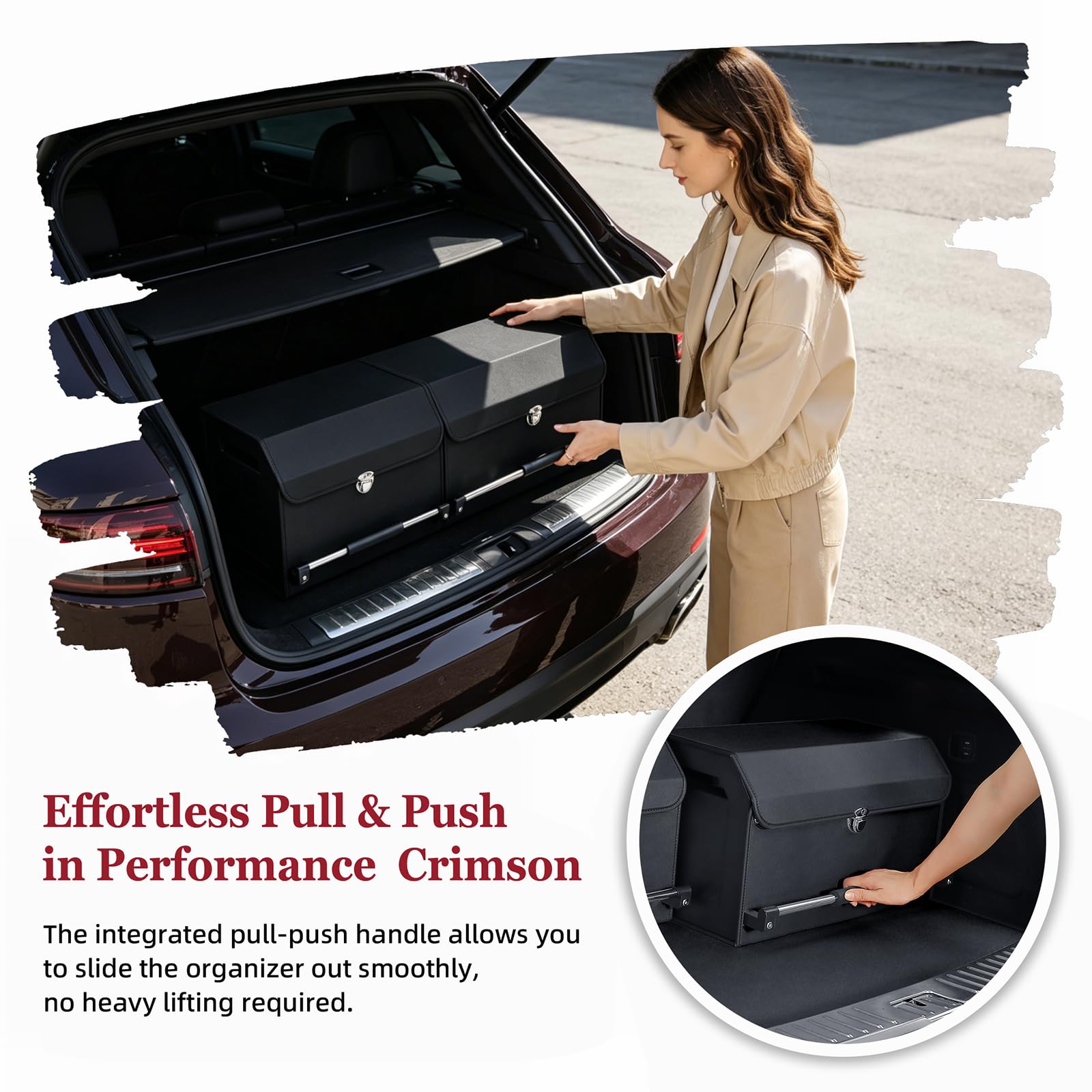 Organizador de maletero con tapa, caja modular 2 en 1 XXL de piel Nappa, asa deslizante empujable, gran capacidad 92L compatible con coches, SUV y monovolúmenes (103 x 29 x 31 cm)
