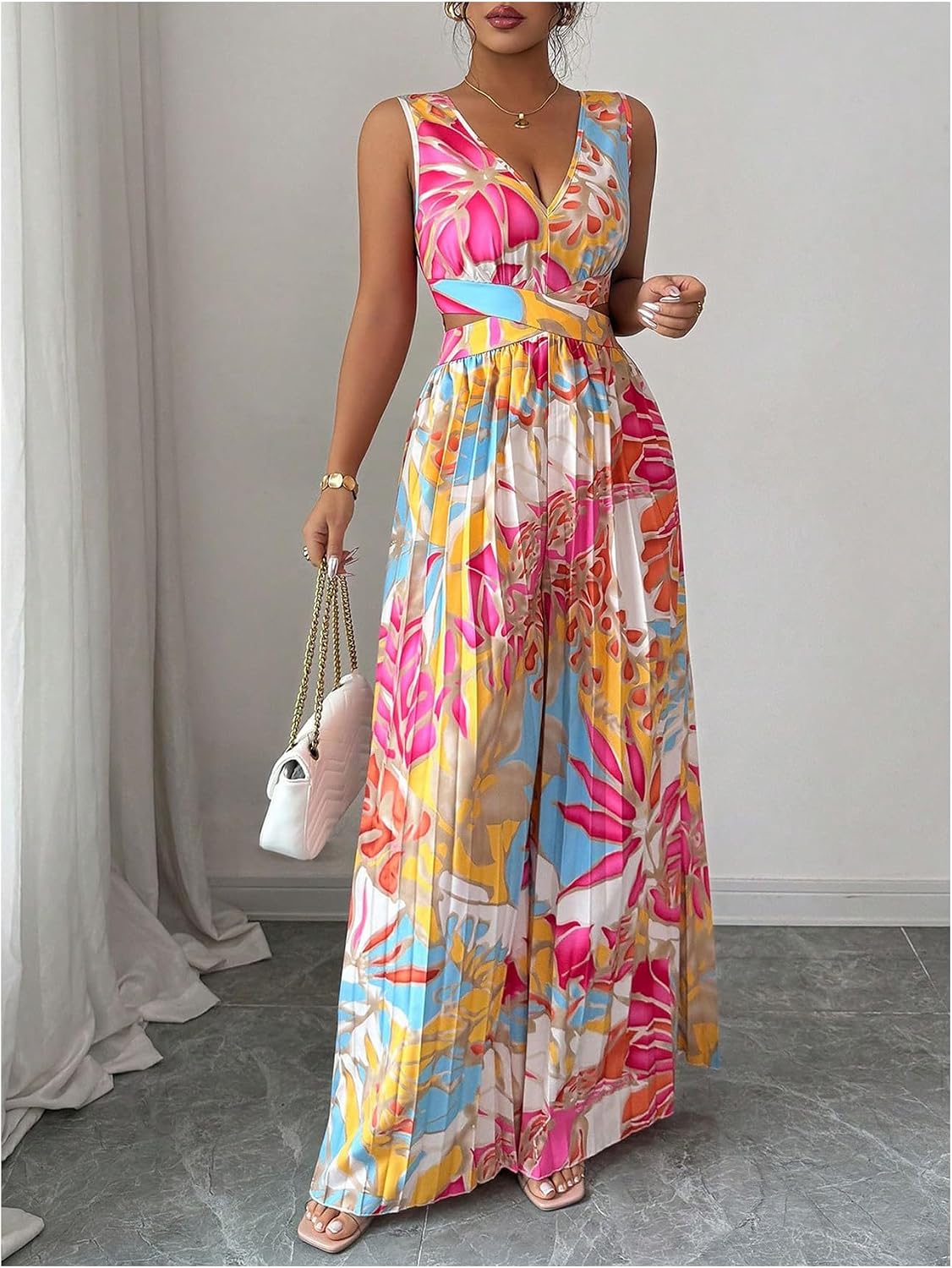 OYOANGLE Women's Summer Floral Pleated Jumpsuit Wrap Cut Out One Pieces Printed Outfits Wide Leg Long Pants Romper
