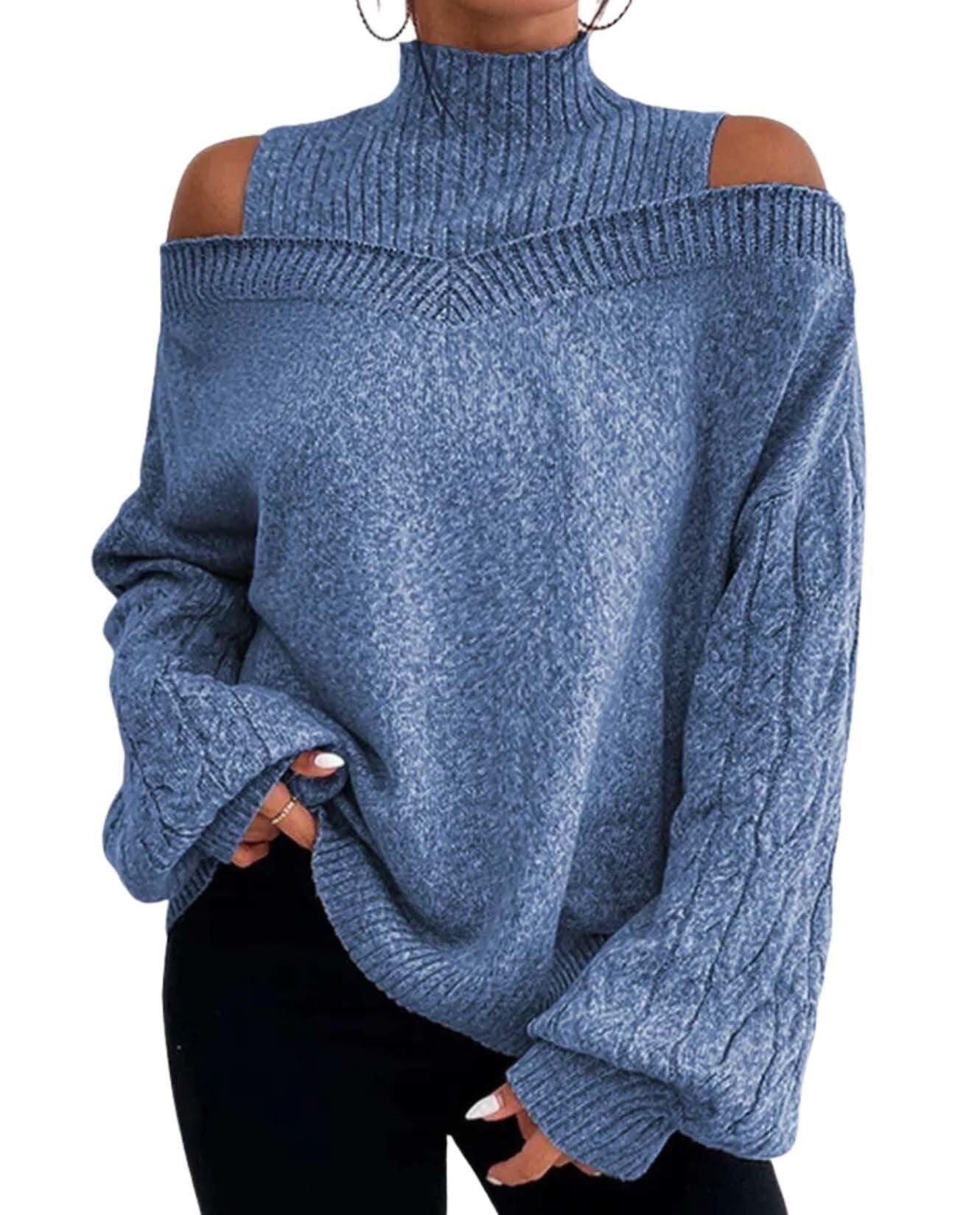 Turtleneck Sweaters for Womens Fall Fashion Casual Off The Shoulder Long Sleeve Solid Knit Pullover Sweater Top
