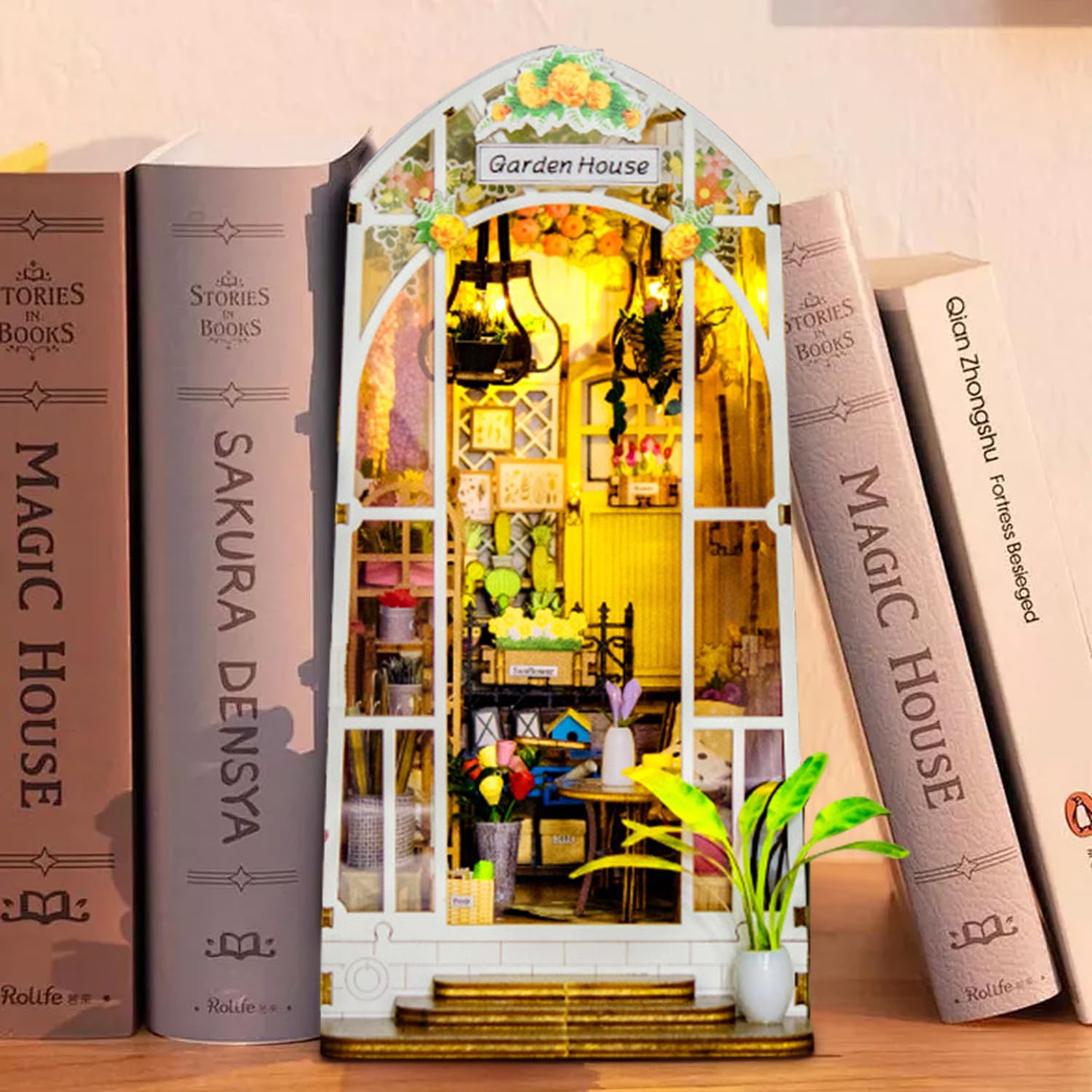 DIY Book Nook Kit Gartenhaus mit Möbeln und LED Lampe,Miniatur Haus,3D Puzzle Booknook Modellbausatz,Diorama Modelbau für Erwachsene,Bücherregal für Deko, für Geburtstag