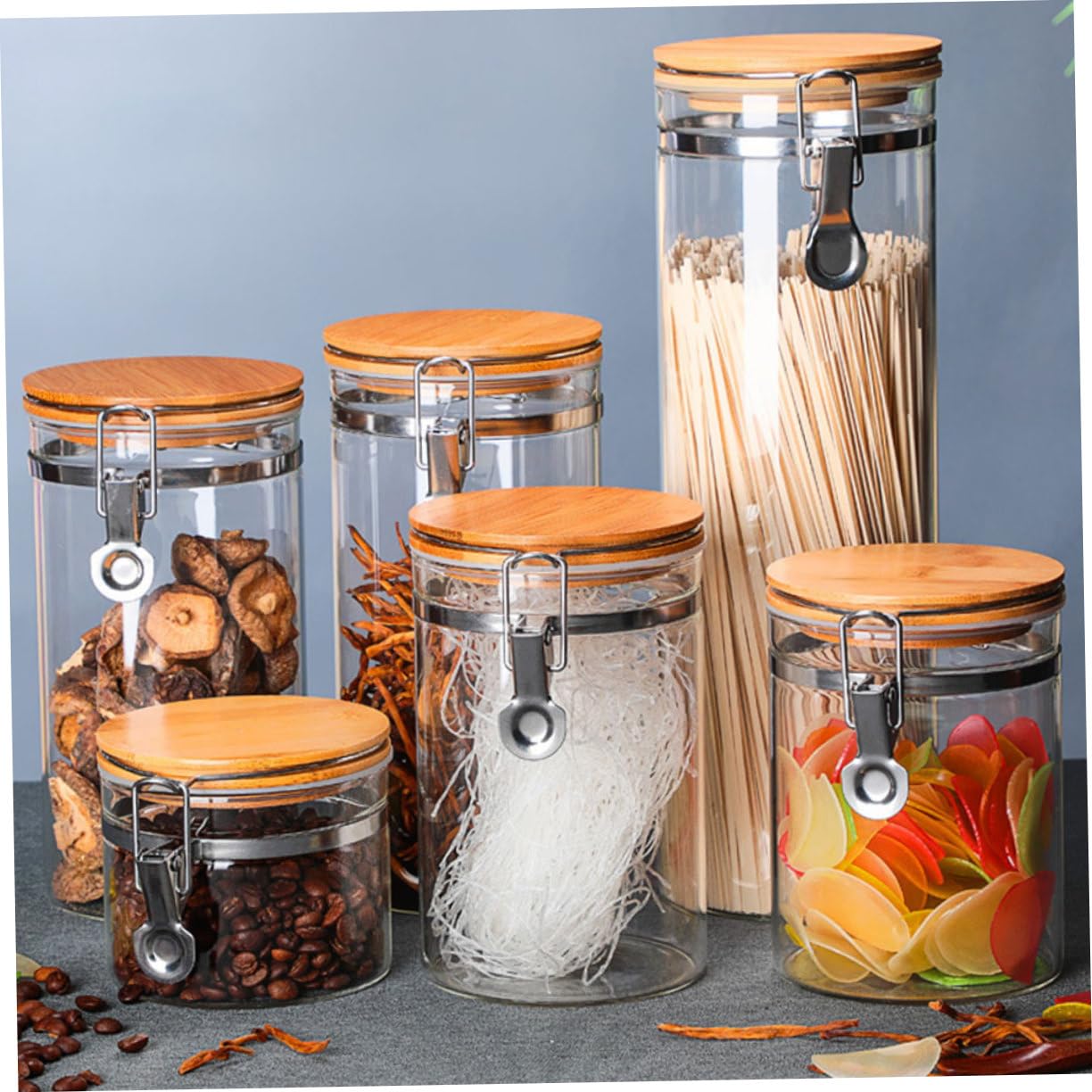 Ipetboom 2 Tarros y Madera para Almacenamiento de Alimentos Tapa de Acero Inoxidable Herméticos de Vidrio 1140ml y 1280ml, Estructura Estable y Prevención de Humedad en Cocina