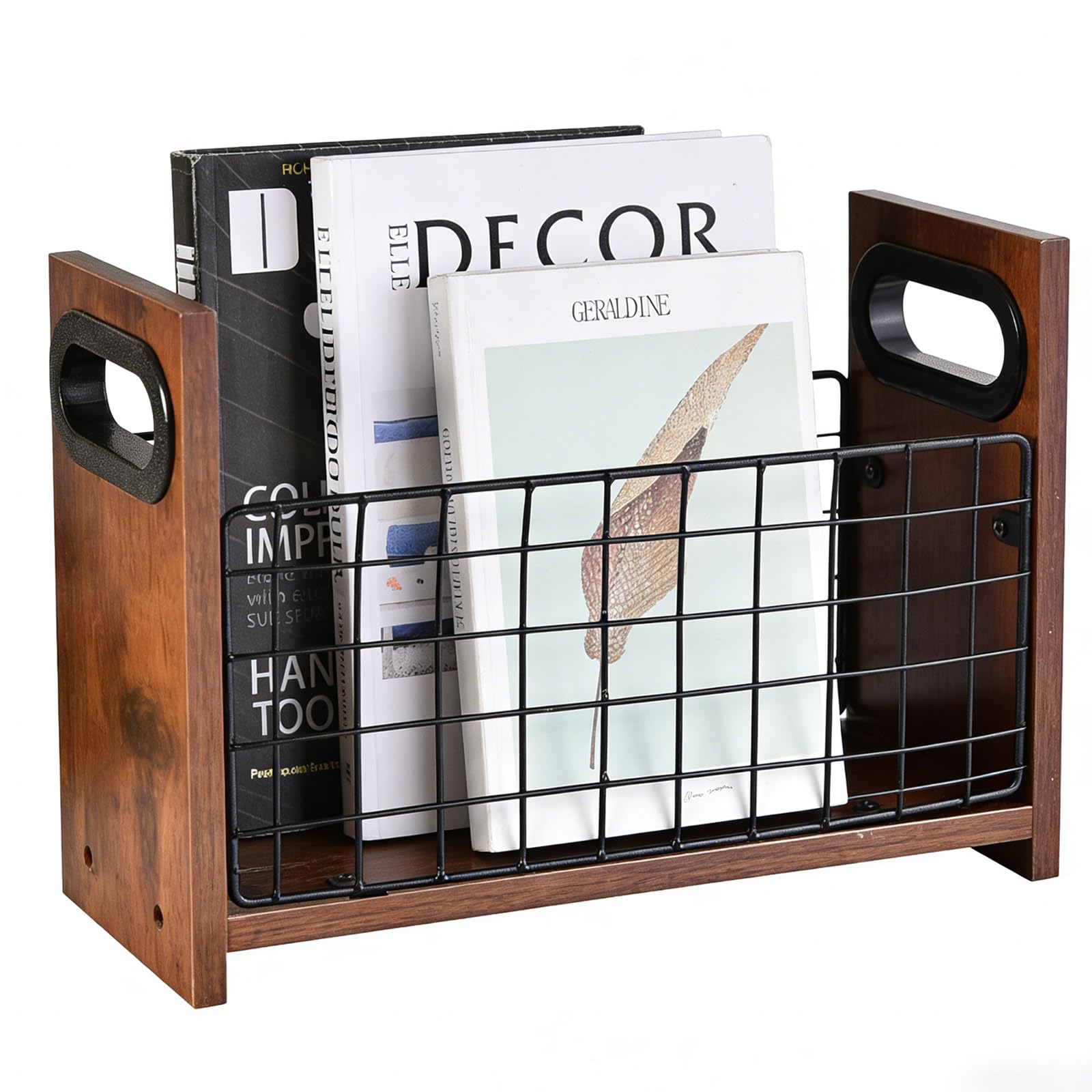 Zeitschriftenhalter und Ständer aus Holz, Zeitschriftenständer Retro-Stil, Brauner Netz-Aufbewahrungskorb, Zeitungsständer Holz für Bücher, Zeitungen, Akten