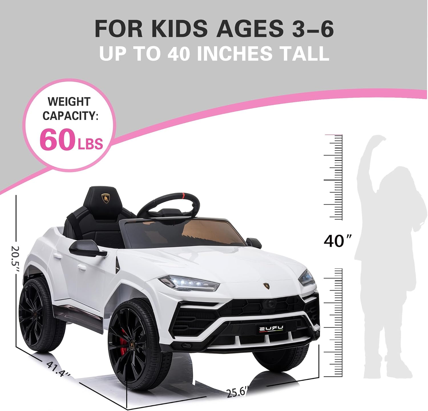 Rock Wheels Licensed Lamborghini Urus Ride On Truck Car Toy, 12V Battery Powered Electric 4 Wheels Kids Toys w/Parent Remote Control, Foot Pedal, Music, Aux, LED Headlights, 2 Speeds (White)