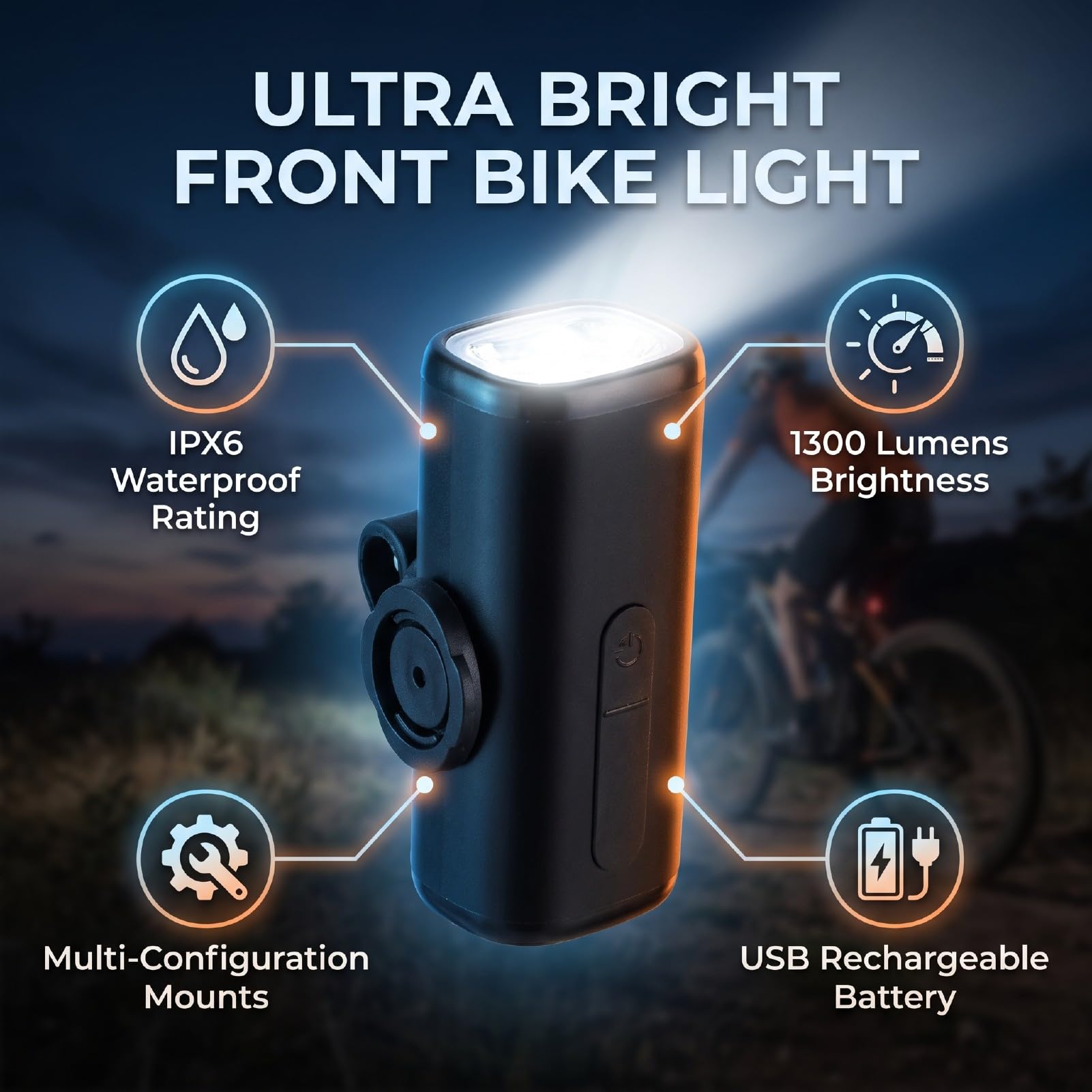 Generic Luce per Mountain Bike Impermeabile Ricaricabile 1300LM per la Guida Notturna e gli Spostamenti in Tutte le Condizioni Atmosferiche Design Compatto