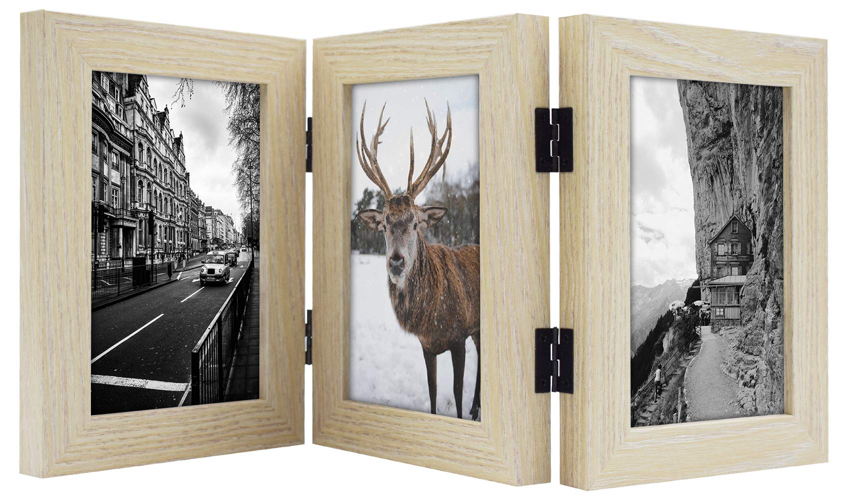 Frametory, 4x6 Trifold Picture Frame Hinged Photo Frames Three Folding Frame Desktop Glass Frame Vertical (Beige, 4x6 Triple)