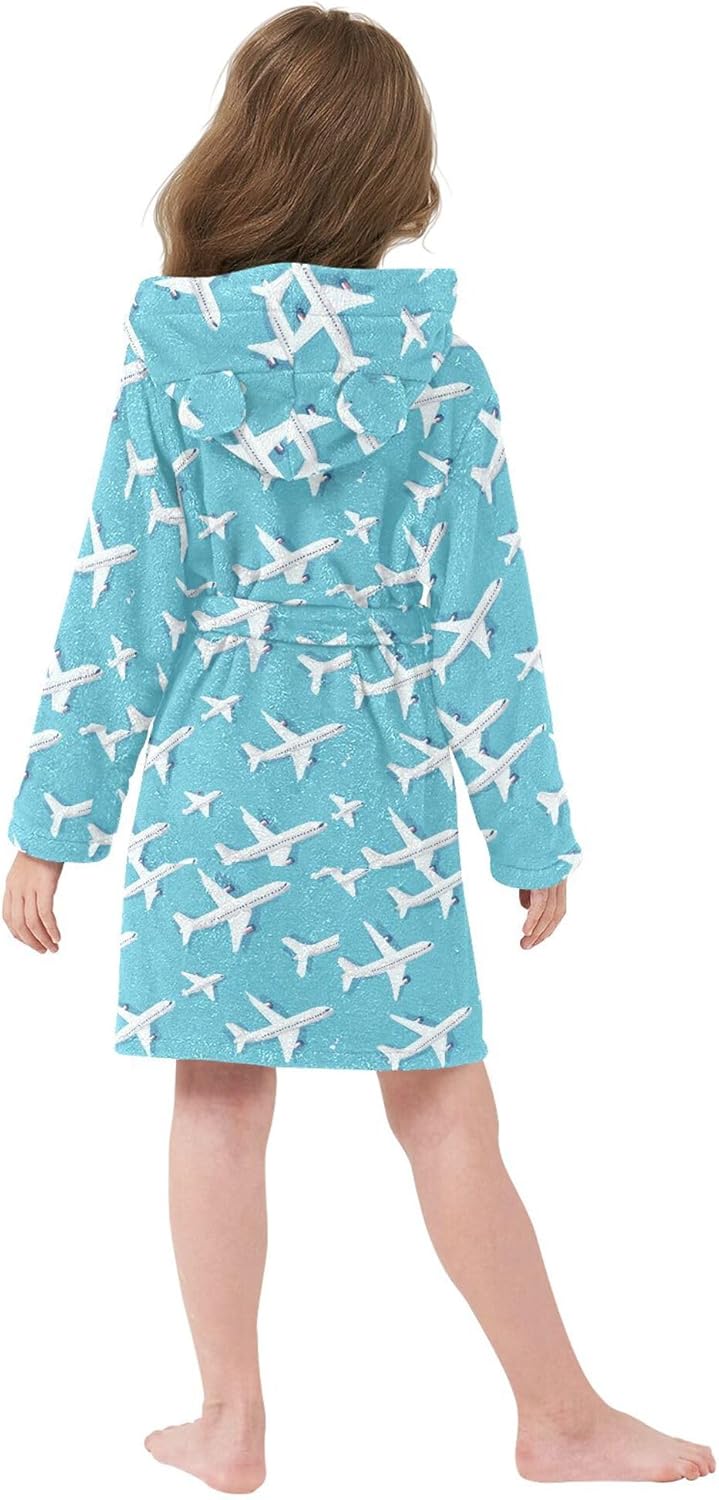 Aircraft Blue Plane Bathrobe Hooded PJ Robe Plush Fleece Robe Pajama Sleepwear 2-12 Years
