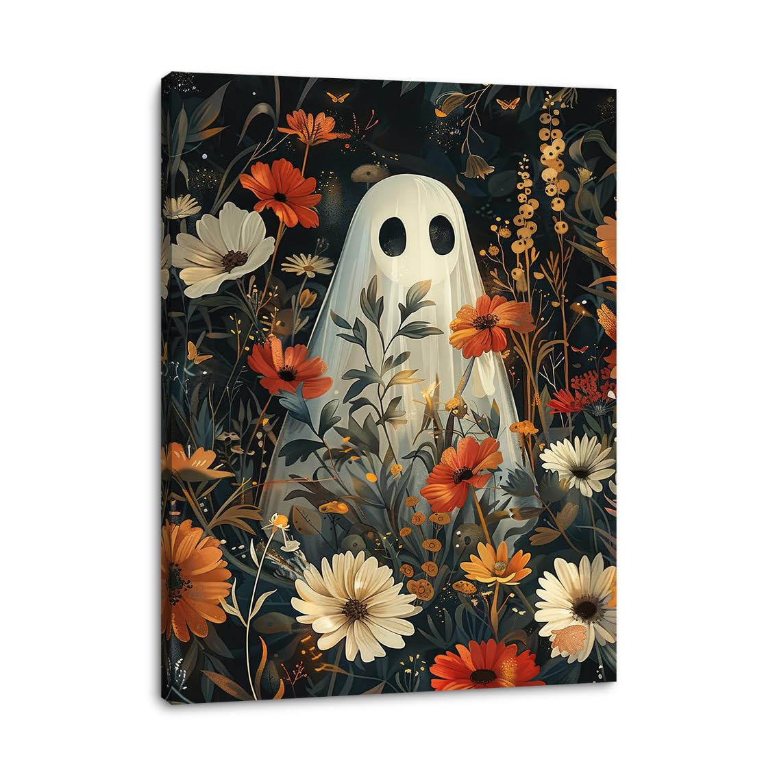 Daktenn Halloween Canvas Wall Art, Cute Floral Ghost In Haunted Forest Poster Halloween Wall Art, Funny Dark Romantic Ghost Print Decorations, Dark Academia Halloween Pictures Wall Decor Halloween Wall Decor 46x60in White1