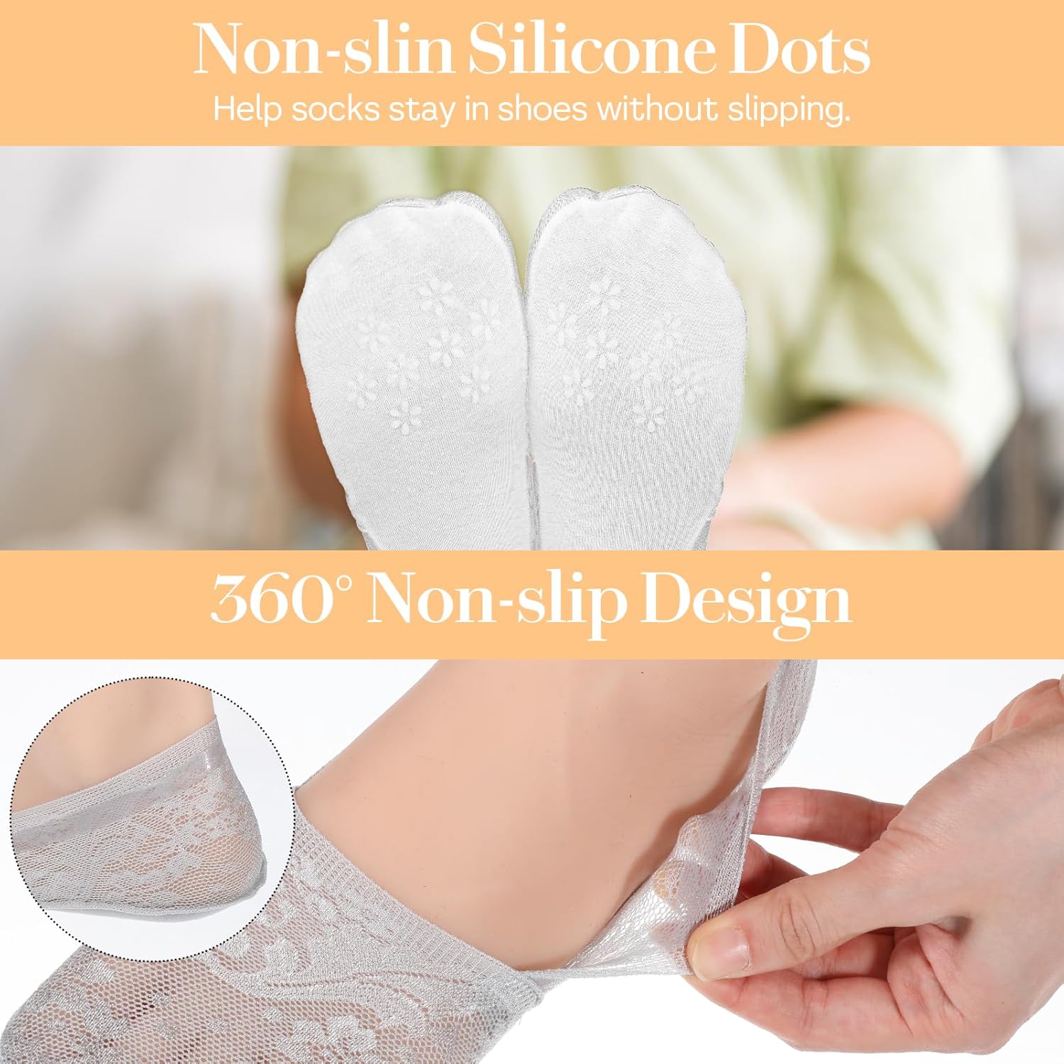 6 Pairs Women No Show Lace Boat Socks, Cotton Invisible Non-slip Ankle Sock Multicolor Ultra Low Cut Liner - Image 3