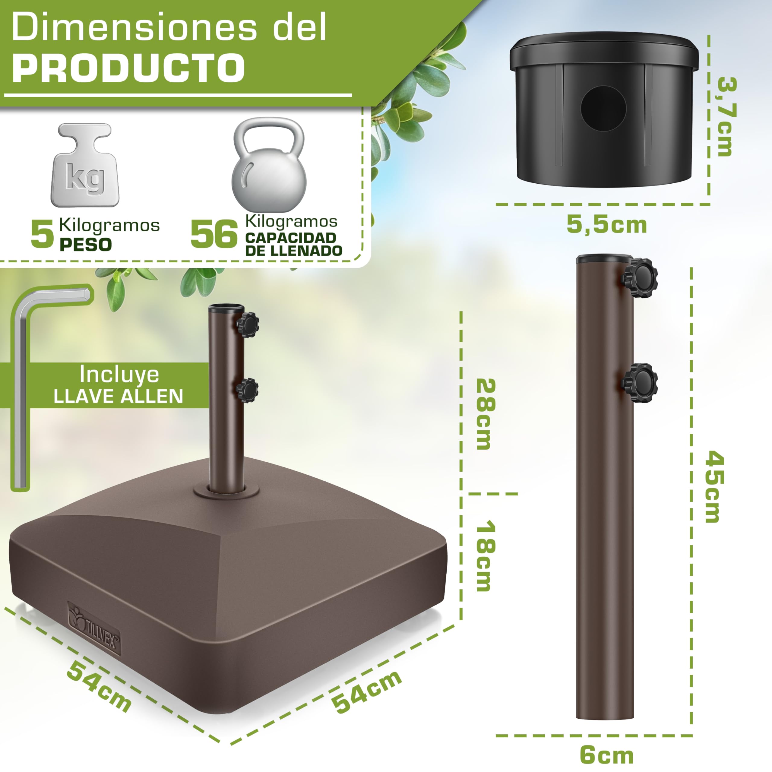 tillvex® Base de sombrilla GRAVIA con Ruedas y Frenos | Soporte de lastre rellenable 37L / 56kg | Pie para Parasol y sombrilla de Mercado Ø 1,8-3,7m | Resistente a la Intemperie y UV (Marrón) — view 2