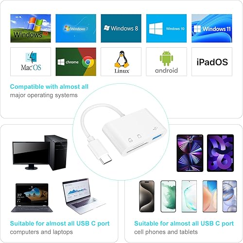 Miniatura 7 de Lector de tarjetas de memoria USB C a Micro SD TF, adaptador de lector de tarjetas de cámara USB 3 en 1 para iPhone 15, para iPad Pro, para MacBook