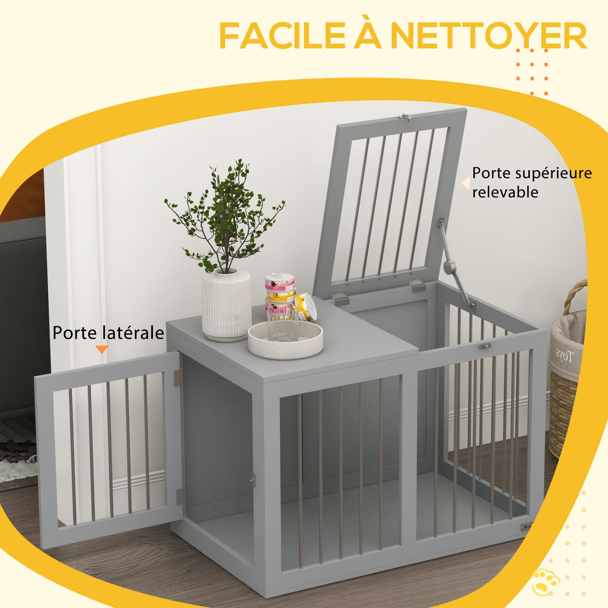PawHut Cage pour Chien intérieur avec 2 Portes verrouillables, Bonne Ventilation, Niche pour Chiens, Table d’appoint, 80 x 50 x 56,5 cm, Gris