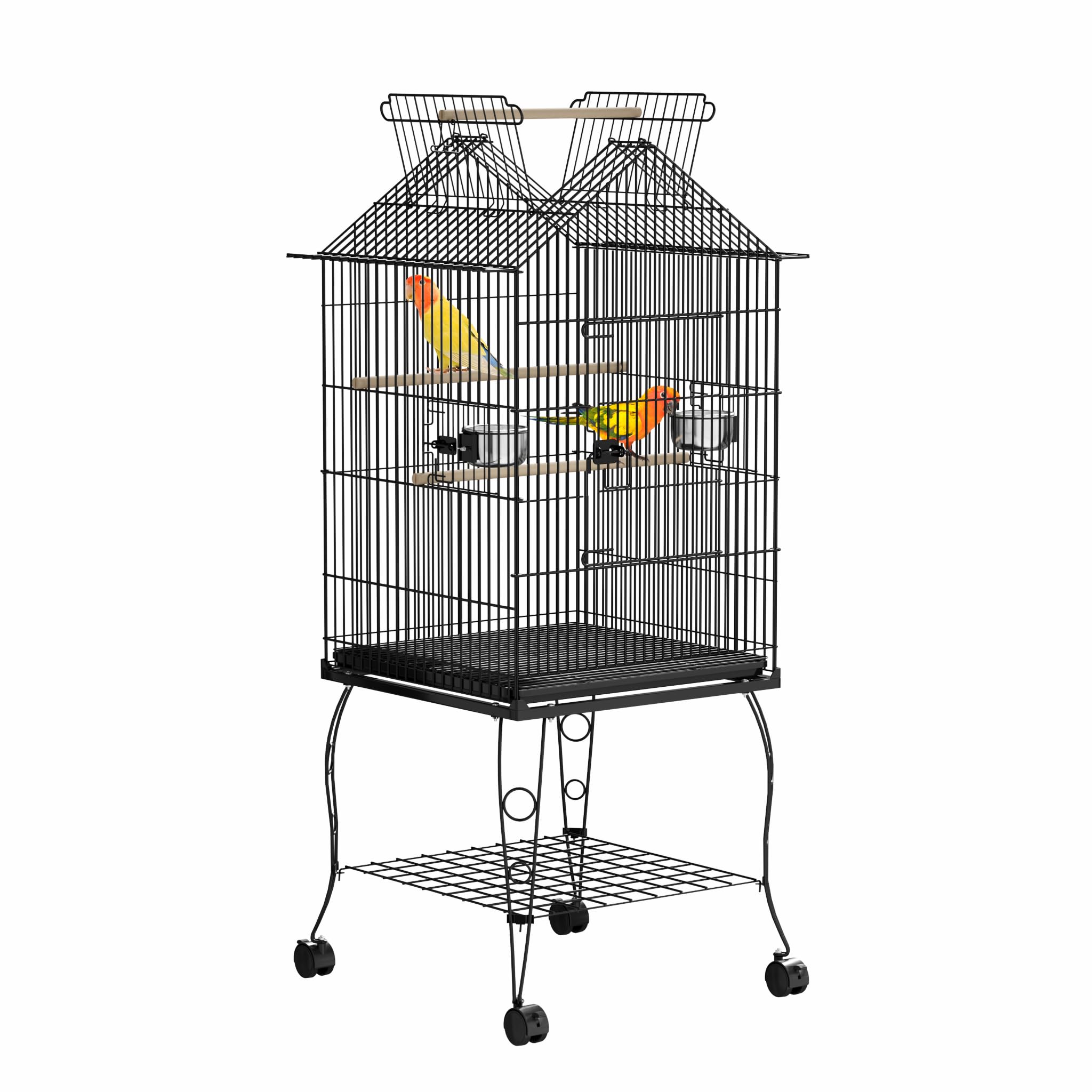 YRHome Vogelkäfig mit Ständer Wellensittlichkäfig mit Dach zum Öffnen 55 x 55 x 145 cm Vogelvoliere Papageienkäfig Tropfenvogelkäfig mit Futterhaus und Sitzstange aus Holz für Wellensittiche