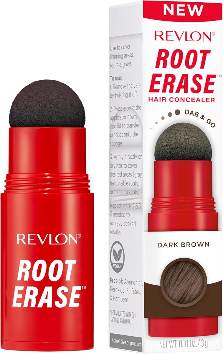Corrector para el cabello Revlon Root Erase, retoque instantáneo de raíces, 02 Marrón oscuro | Retoque de raíz instantáneo que cubre canas y rebrotes entre coloraciones; se lava con champú. Color de cabello temporal.